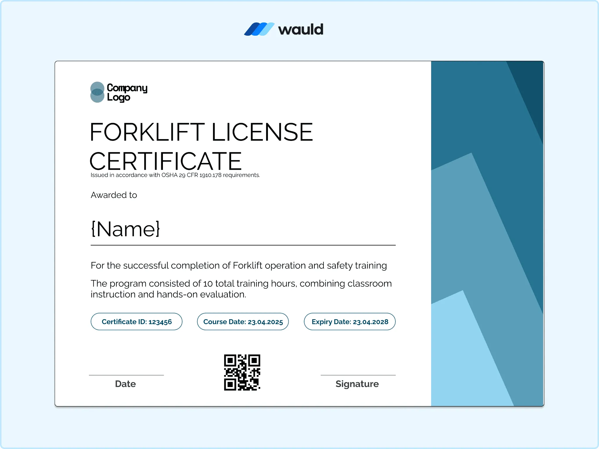 Blue header forklift license certificate template with recipient name field, training program details, certificate ID, QR code, and signature line