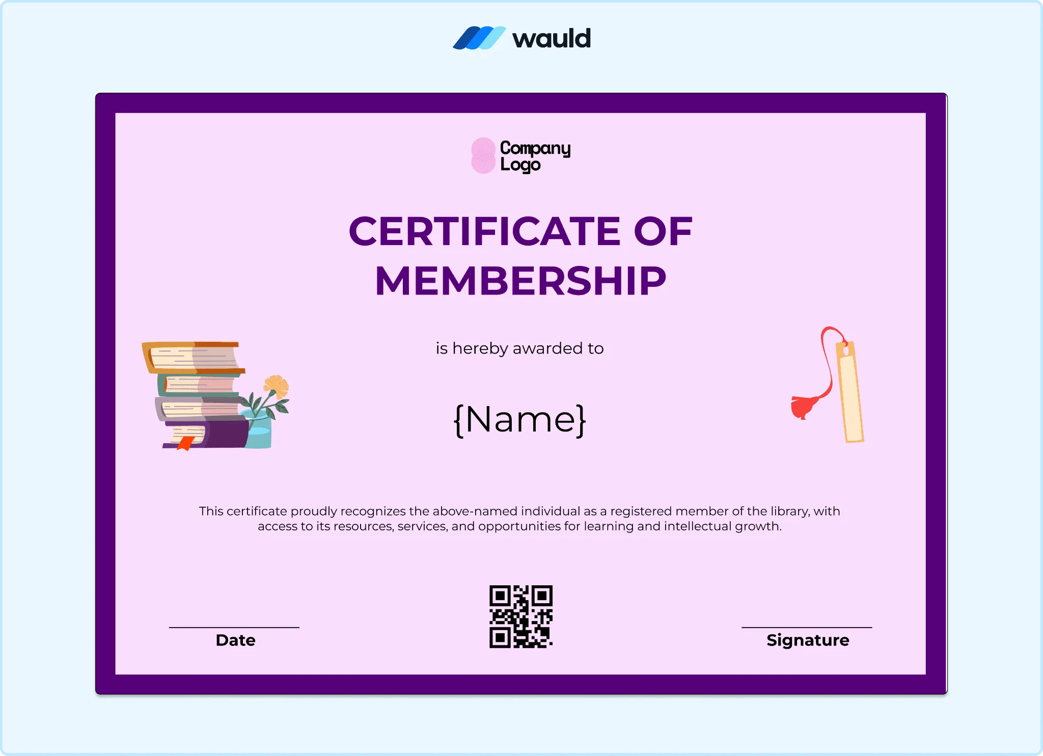 Purple certificate of membership template with clean layout, member name field, ownership stake details, dual CEO and director signature lines, and QR code