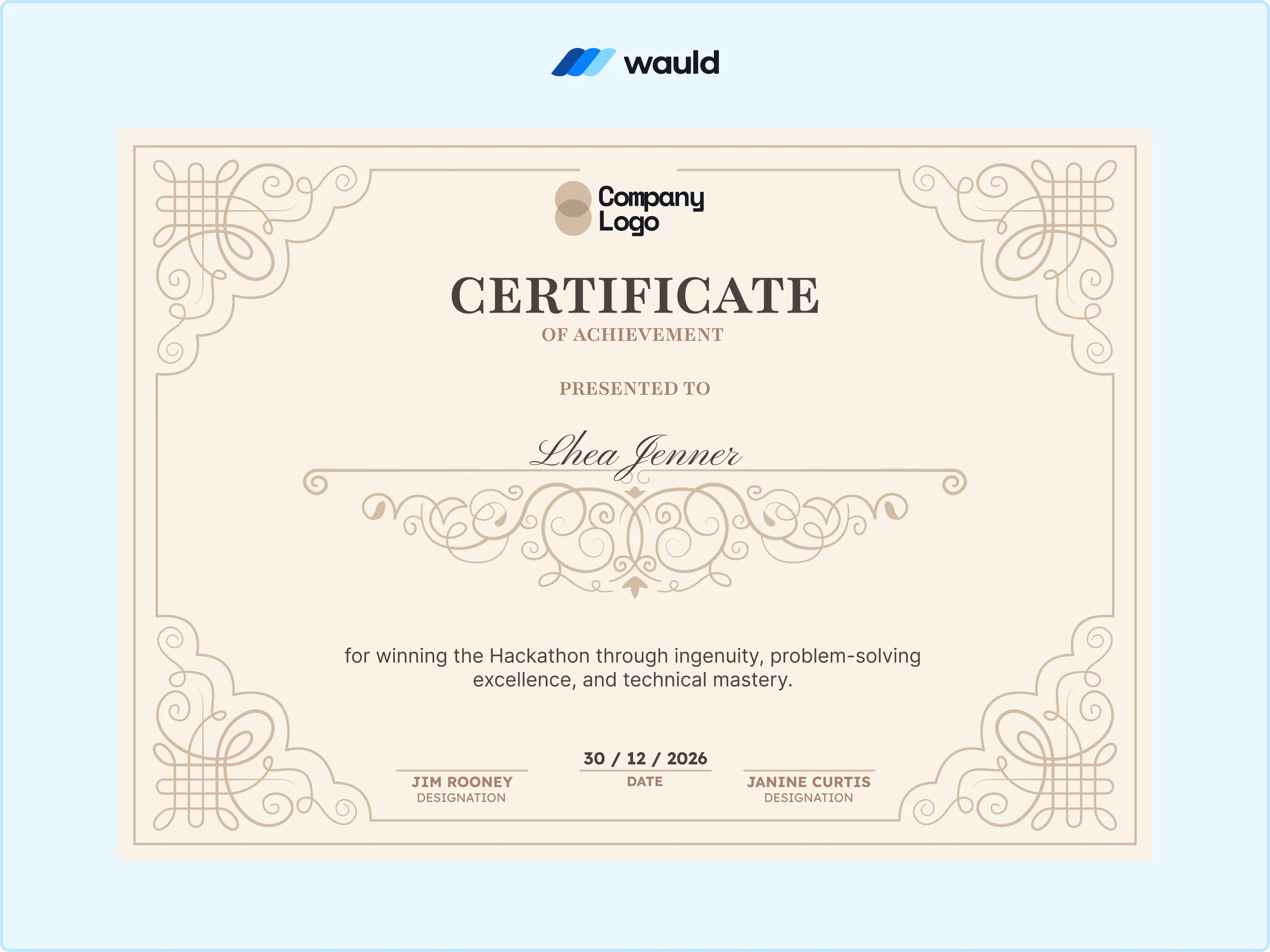 Vintage ornamental gold-border hackathon winner certificate template