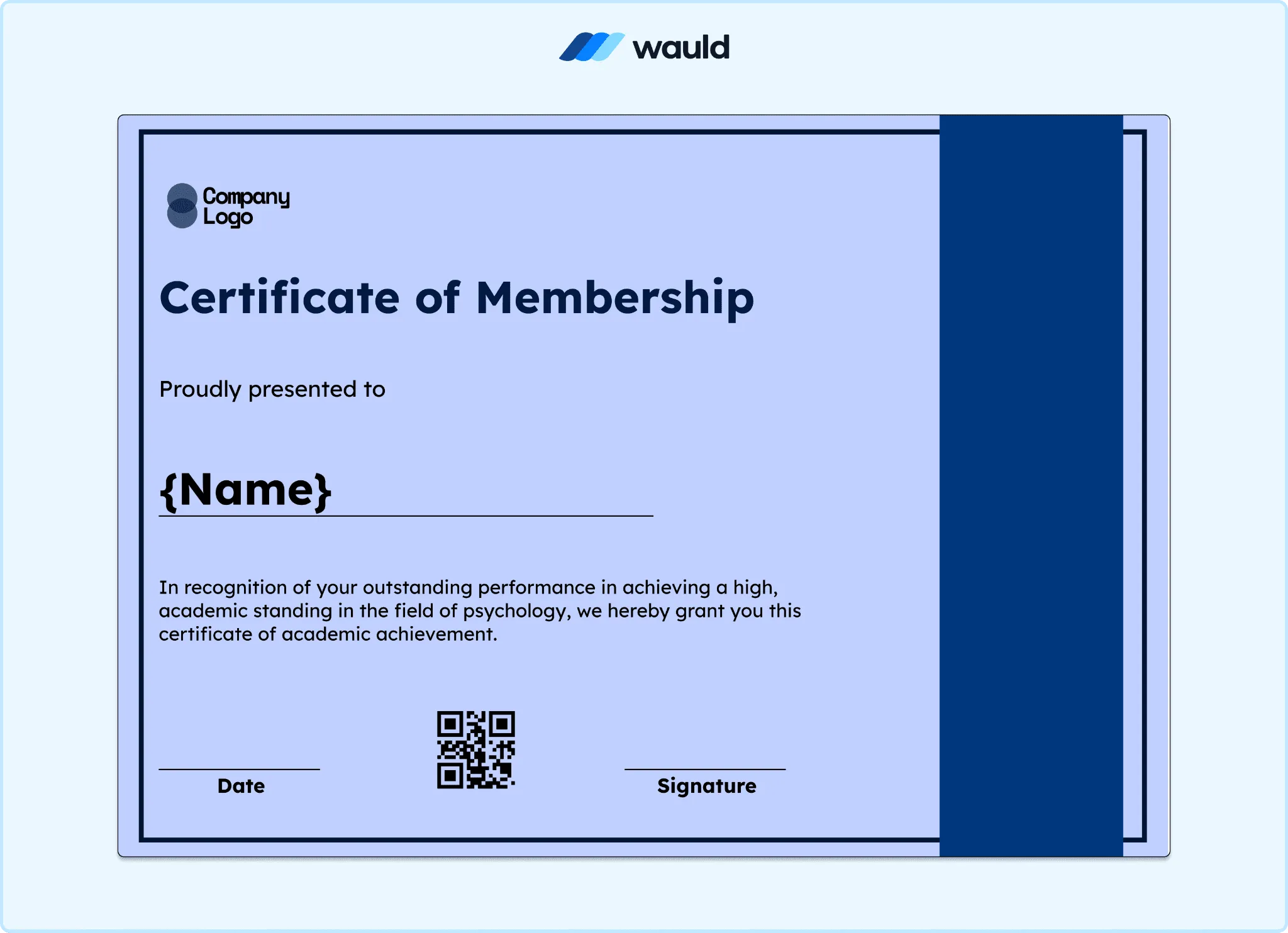 Navy blue certificate of membership template with bold color block design, member name field, achievement description, date, QR code, and signature line