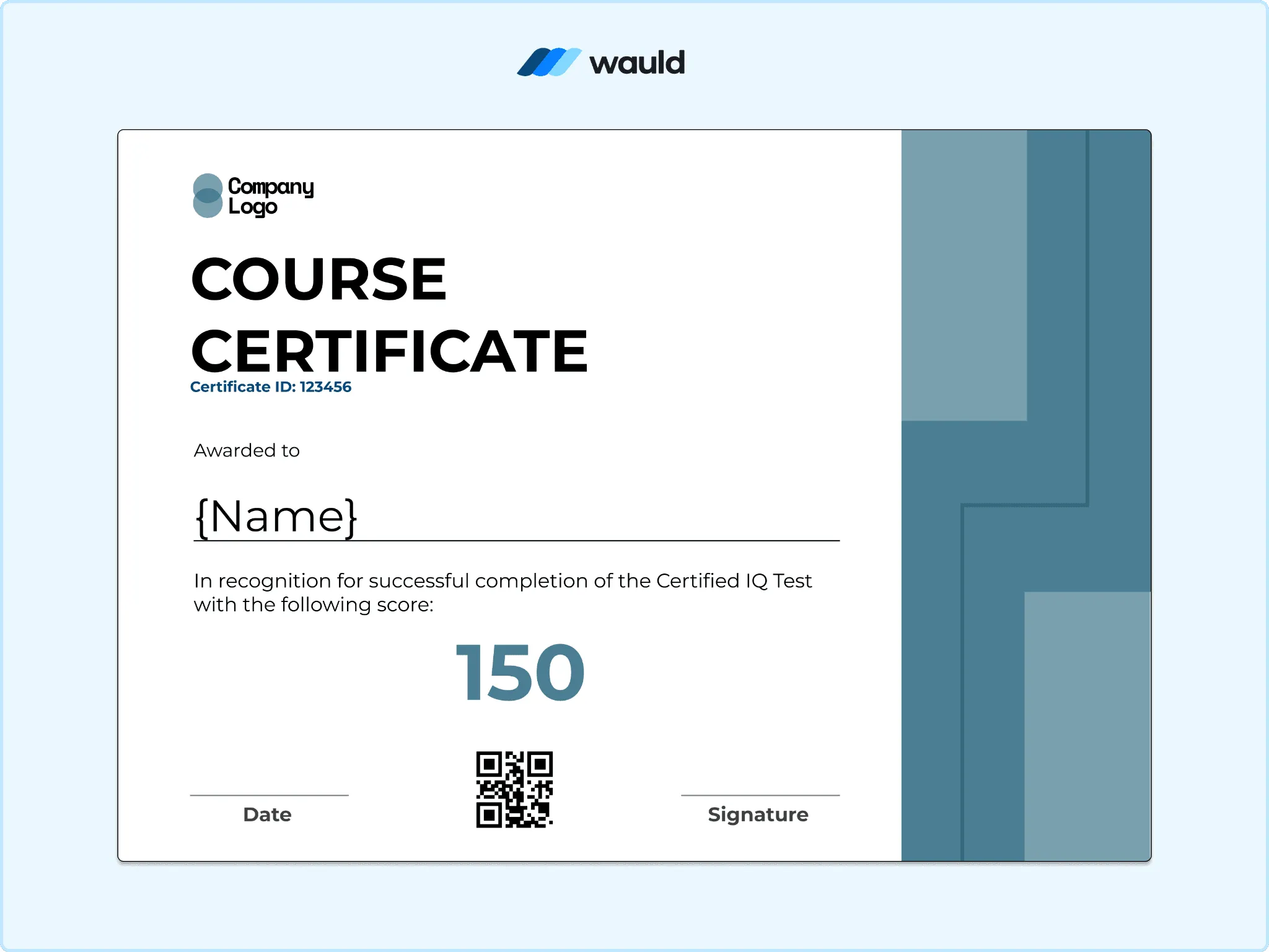 Blue-gray geometric course certificate template with score field