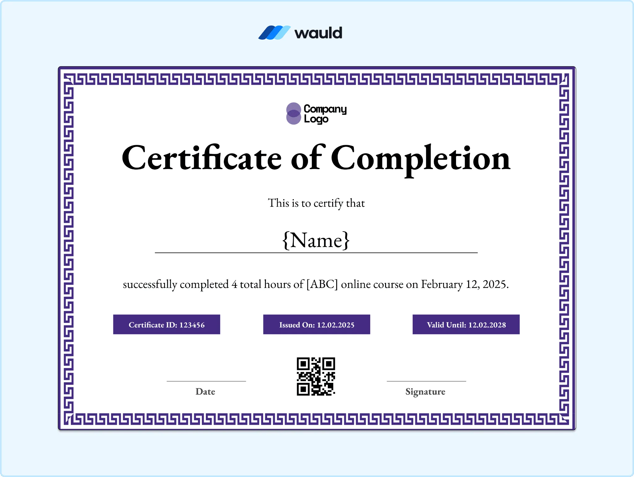 Purple ornate border certificate of completion template with engraved pattern
