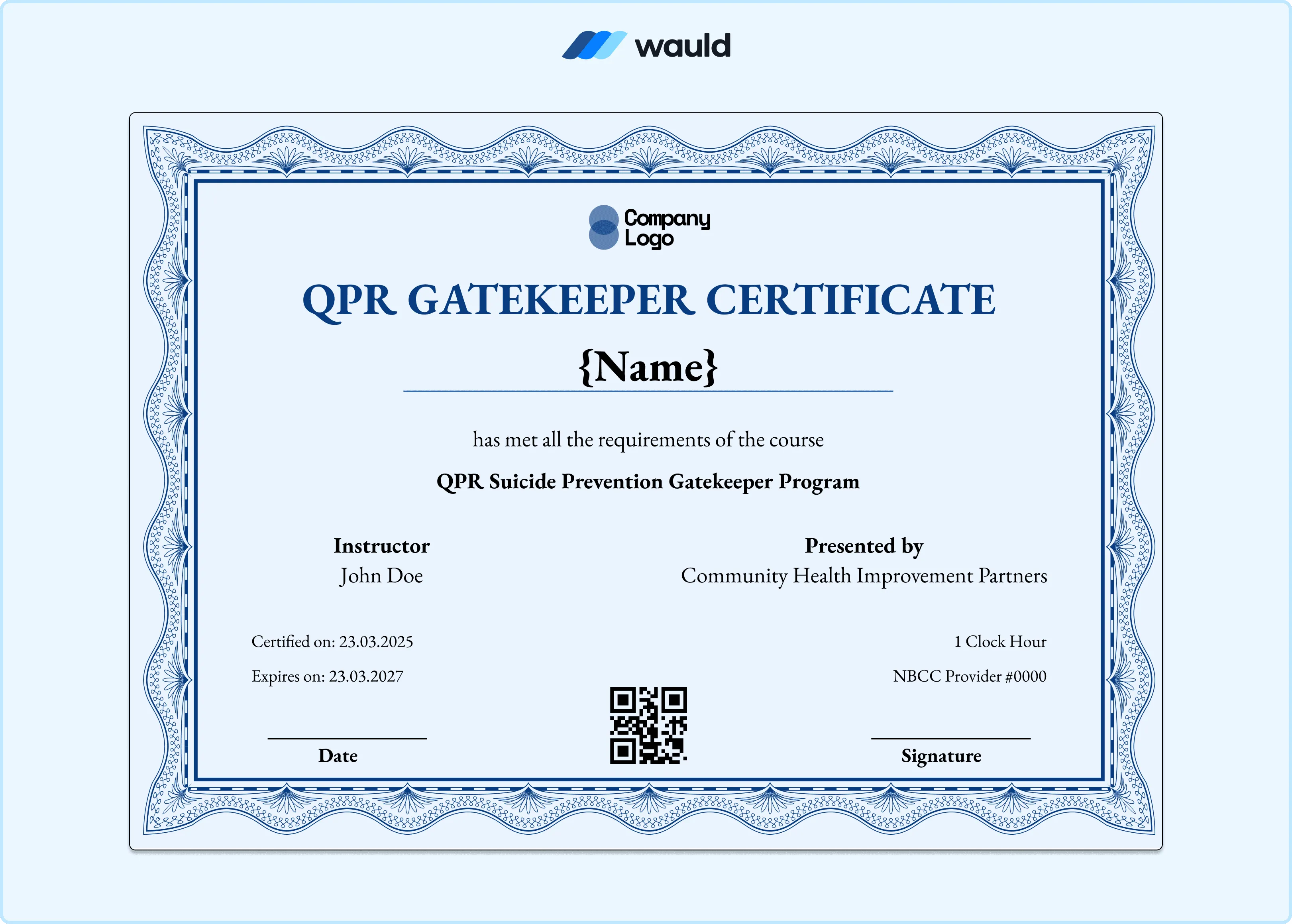 Blue and white QPR Gatekeeper certificate template with recipient name field, instructor details, Community Health Improvement Partners presenter information, certified date, expiry date, NBCC Provider number, QR code, and signature line