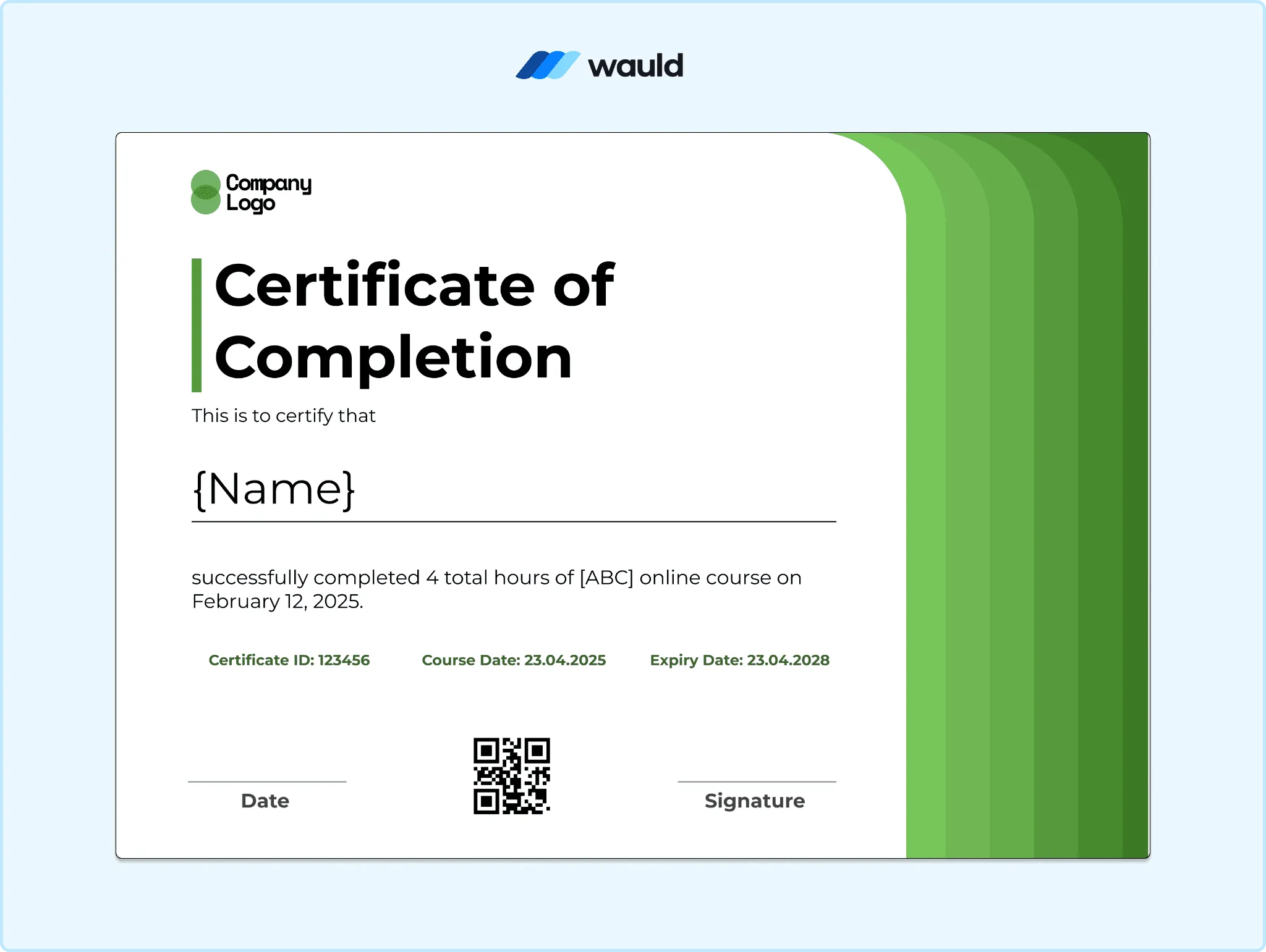 Certificate of completion template with green wave graphic accent