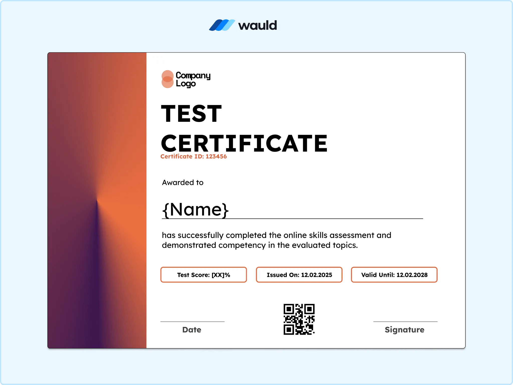 Test certificate template with warm coral-to-pink gradient panel