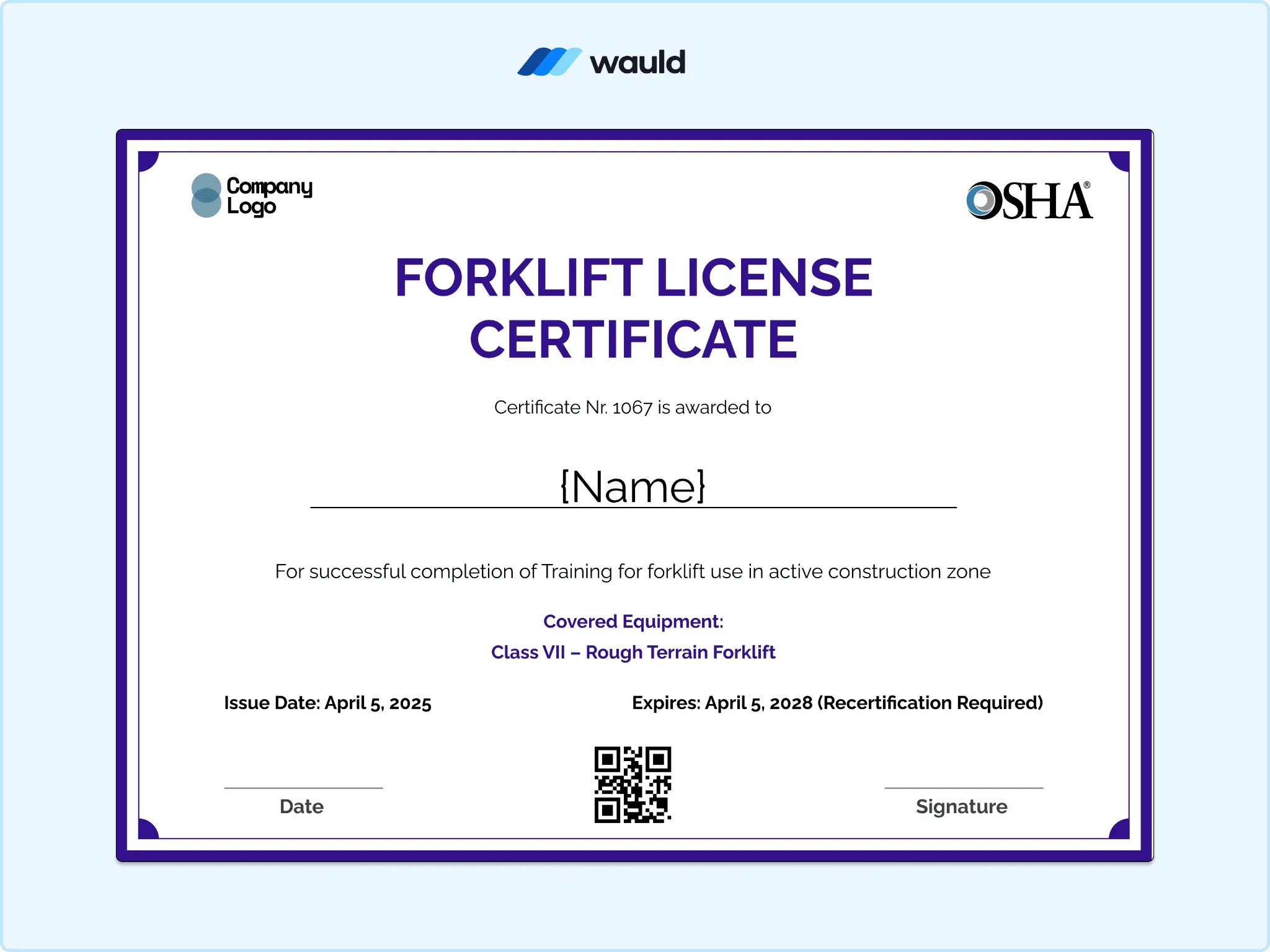Purple bordered forklift license certificate template with recipient name field, covered equipment, training duration, certificate dates, QR code, and signature line
