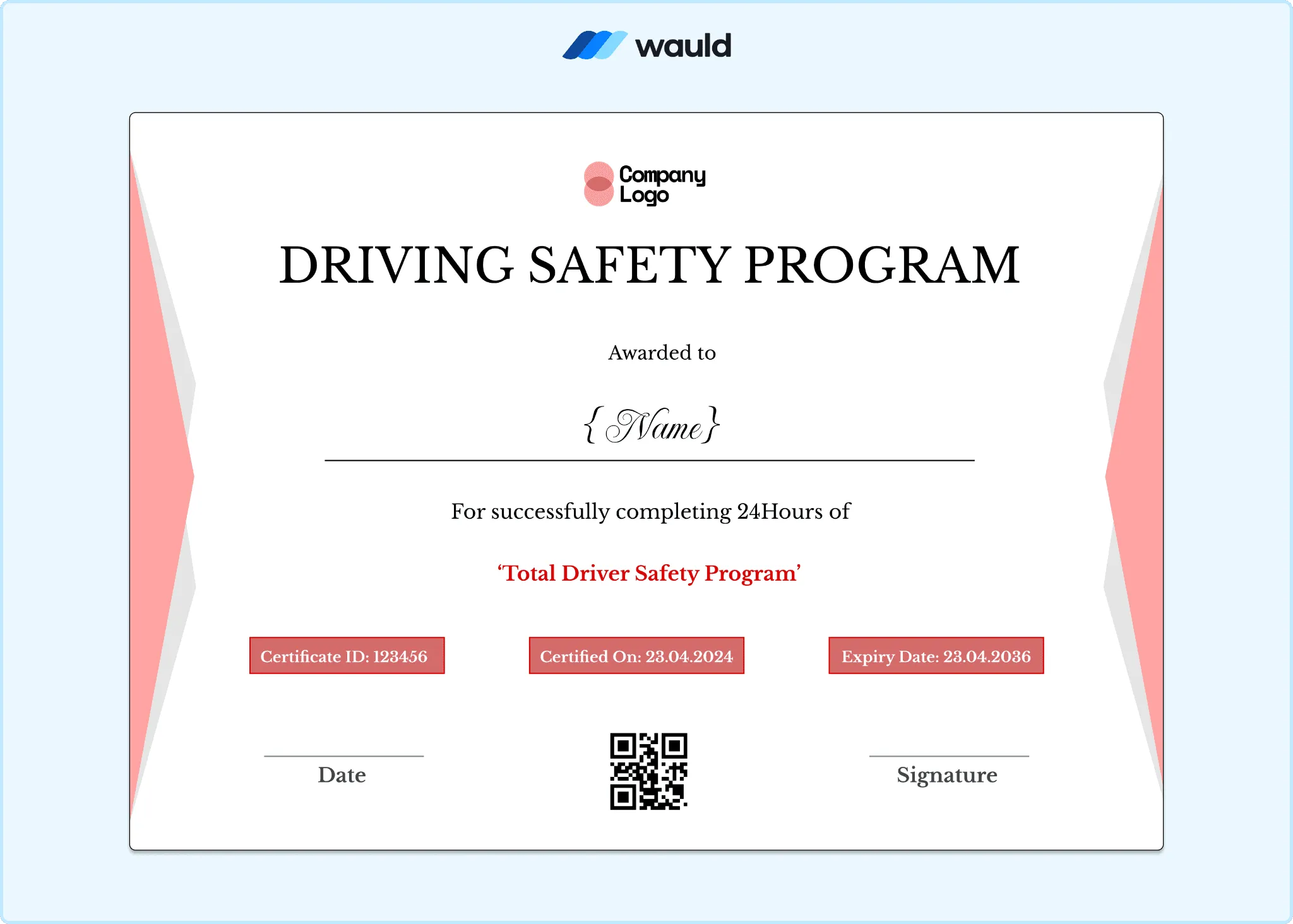 Professional driver's certification template with bold red certification badge, clean white layout, recipient name field, certificate ID, course dates, expiry date, and QR code