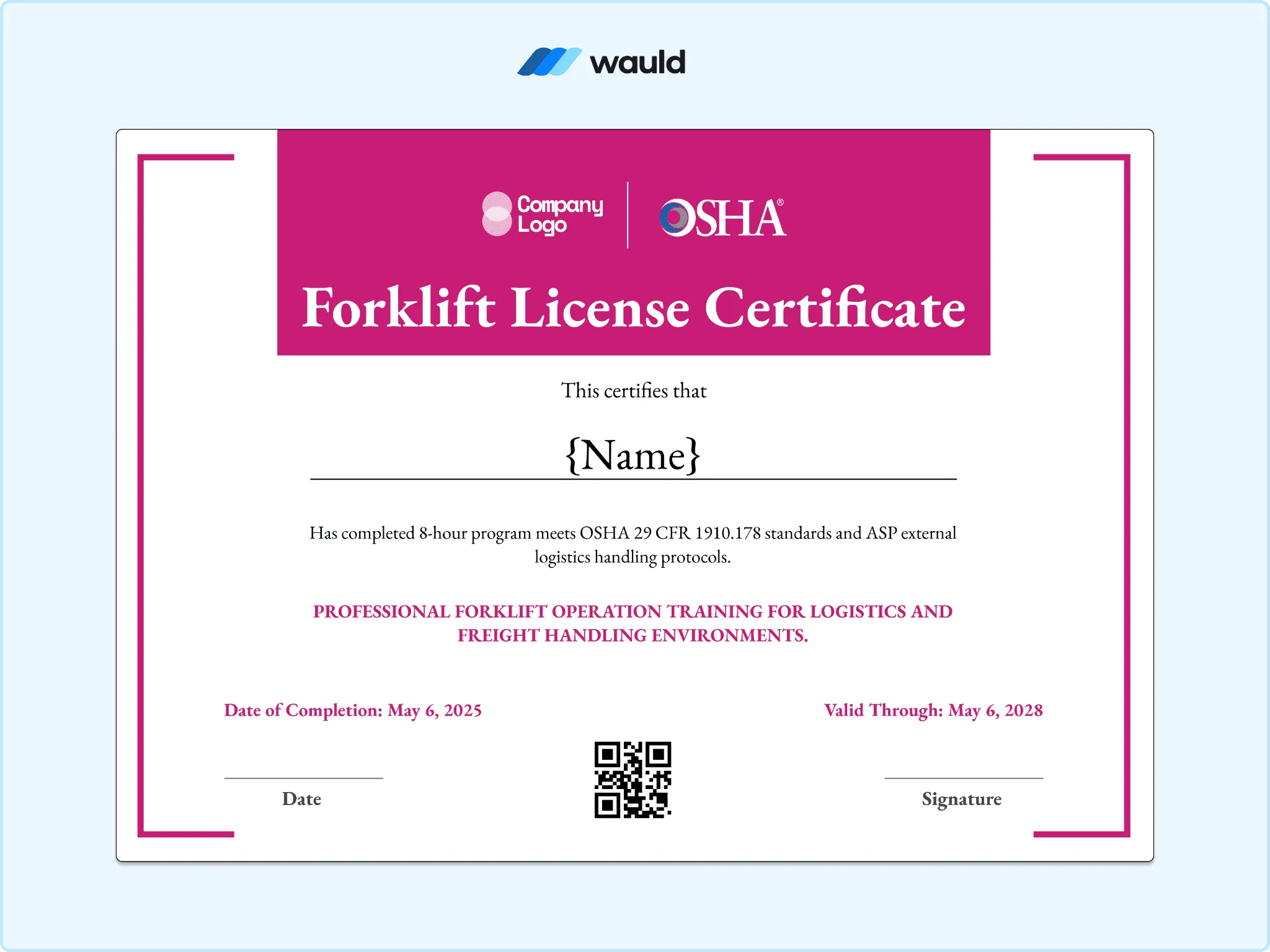 Forklift license certificate template with bold magenta header banner, recipient name field, training completion dates, certificate validity, QR code, and signature line