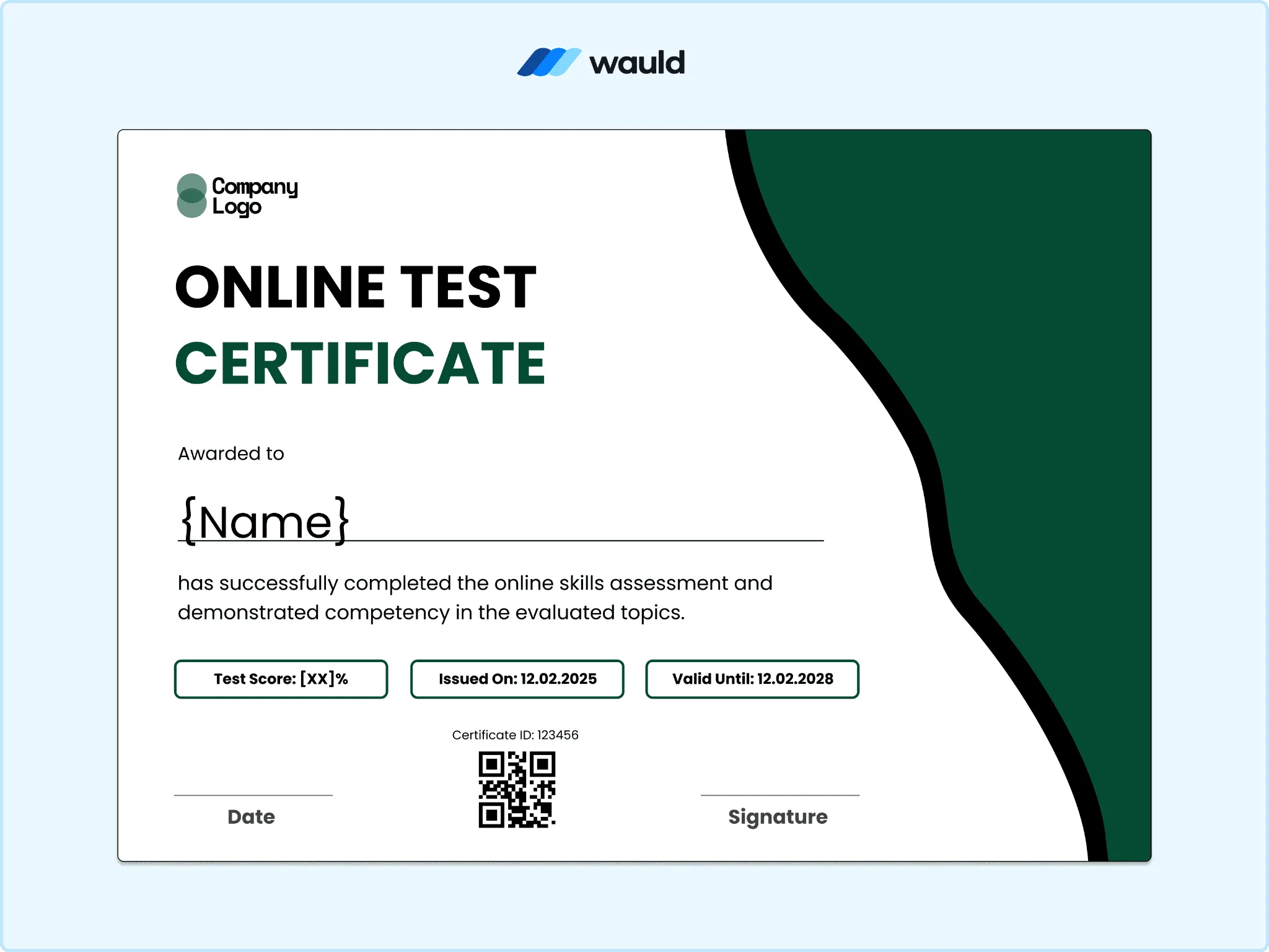 Online test certificate template with dark green wave background