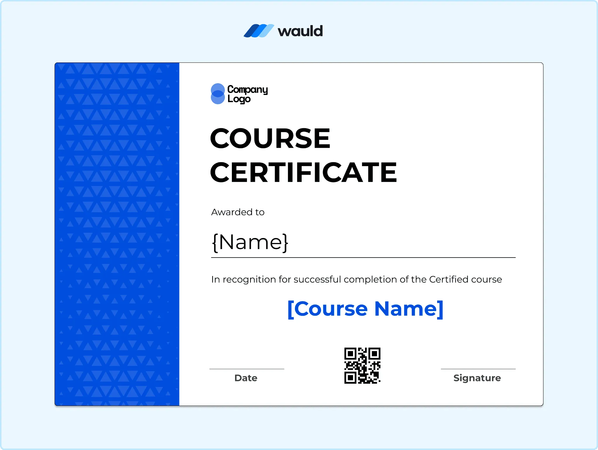 White course certificate template with thick blue side stripe