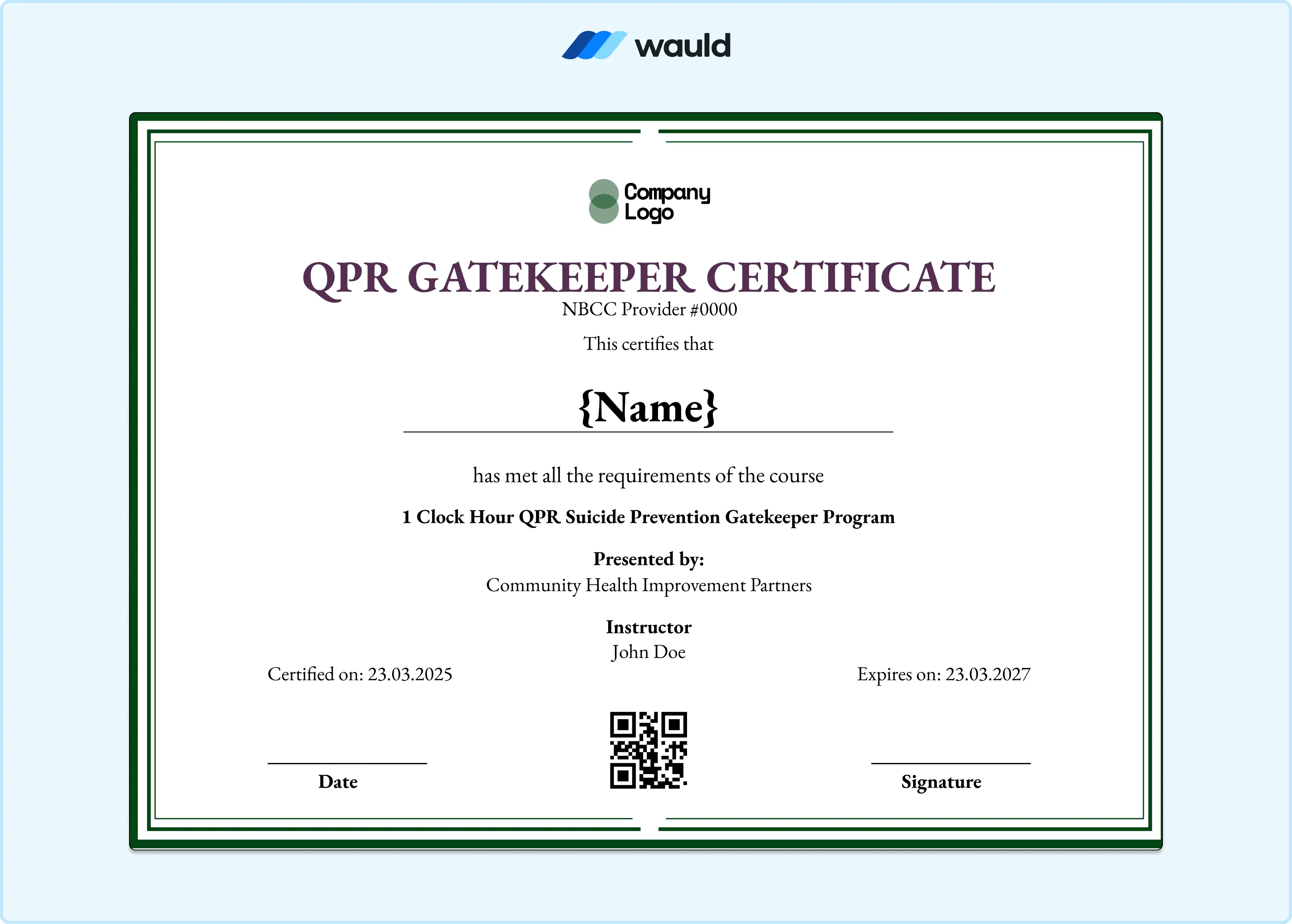 Clean green bordered QPR Gatekeeper certificate template with white interior, recipient name field, instructor credentials, certified date, expiry date, NBCC Provider number, QR code, and signature line
