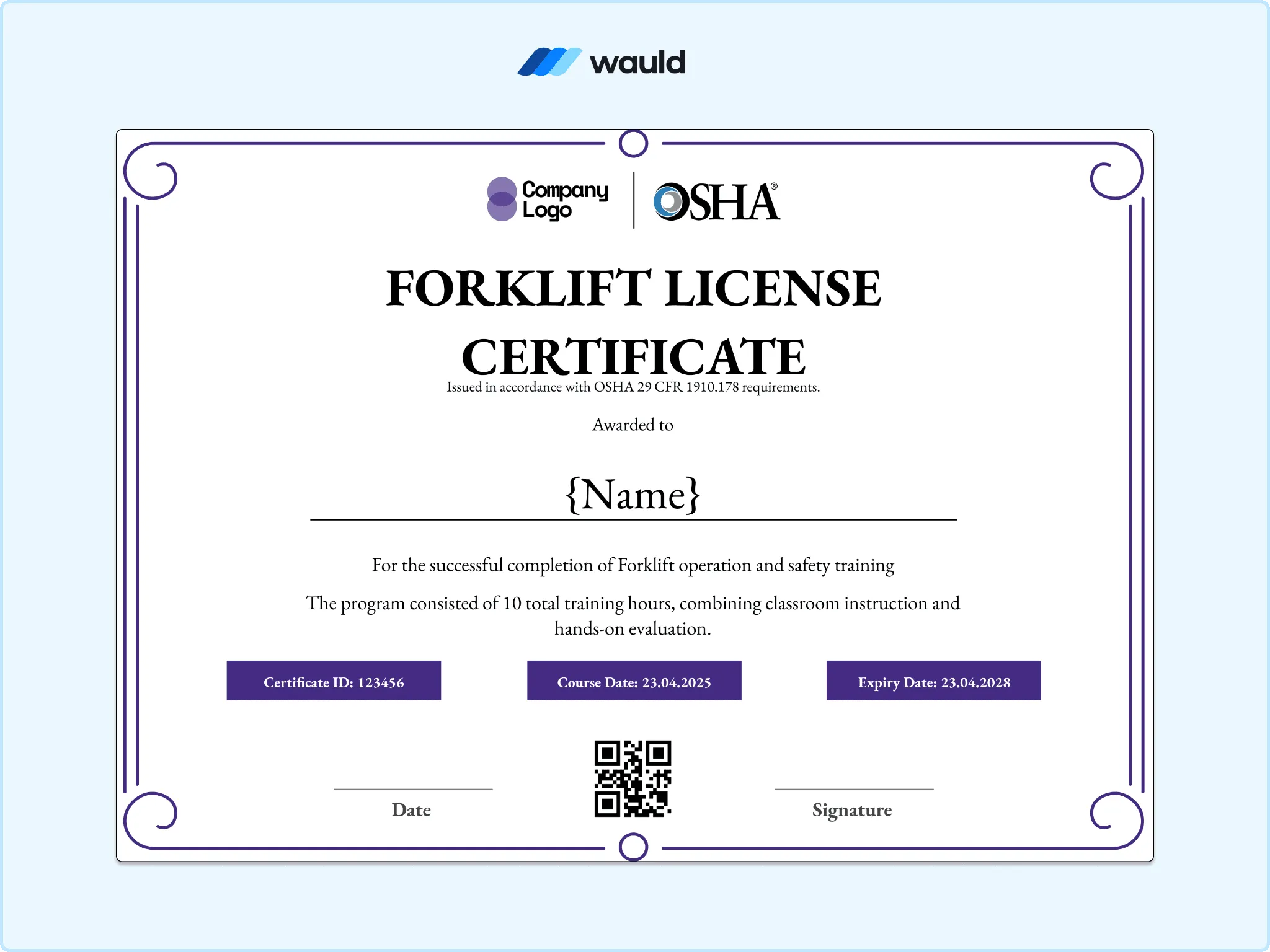 Forklift license certificate template with delicate ornamental border, recipient name field