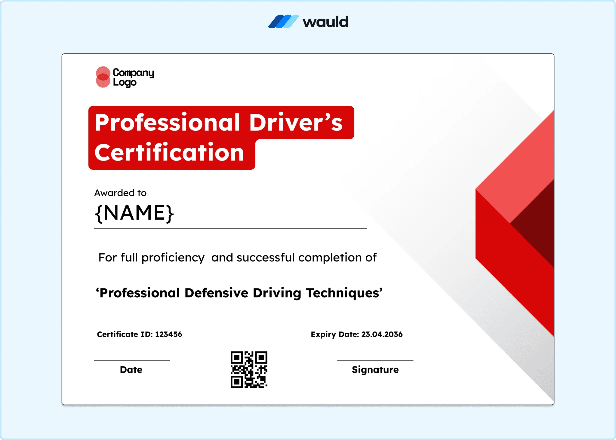 Professional driver's certification template with bold red certification badge, clean white layout, recipient name field, certificate ID, course dates, expiry date, and QR code