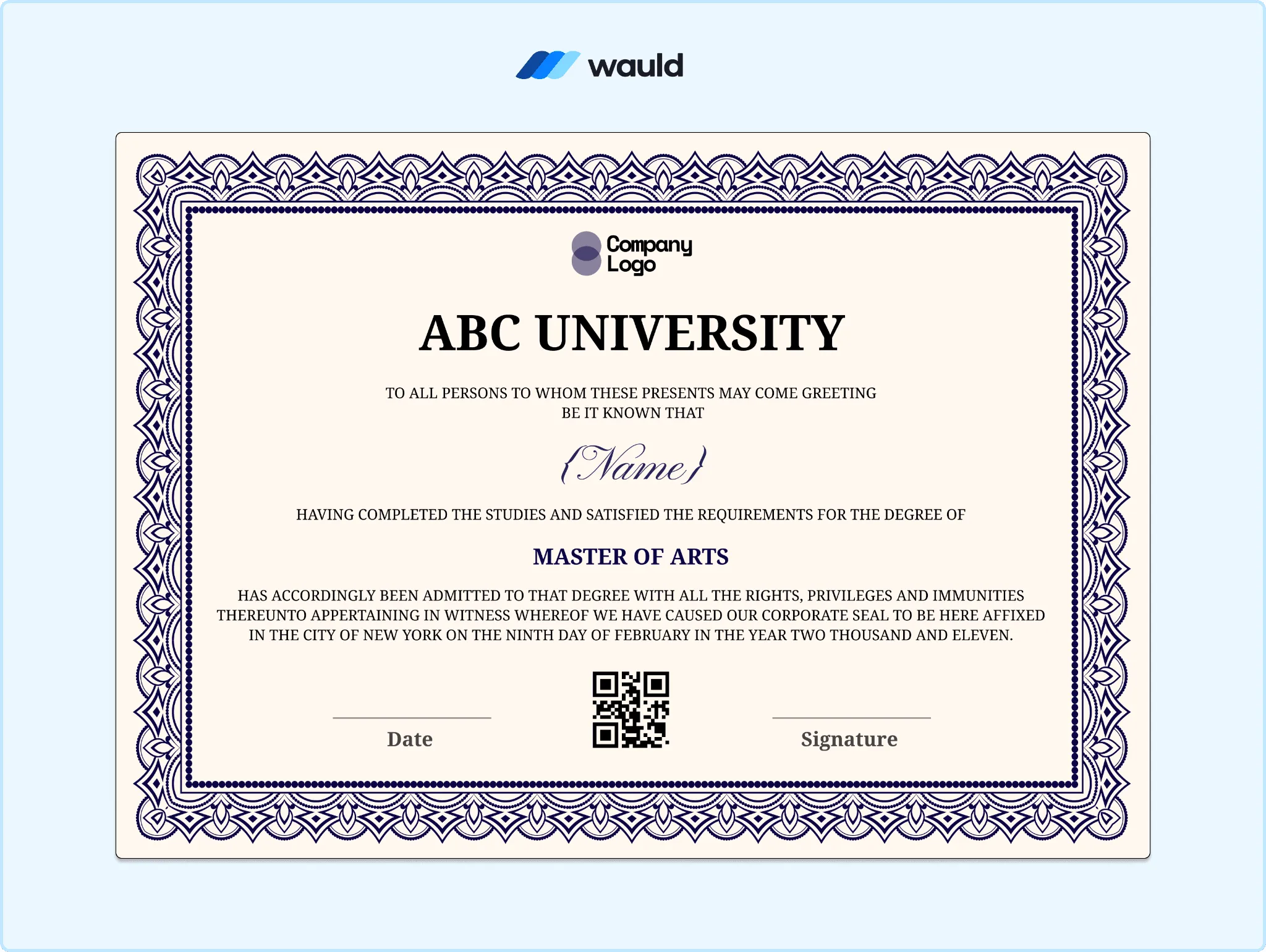 ABC University certificate template with purple ornate border