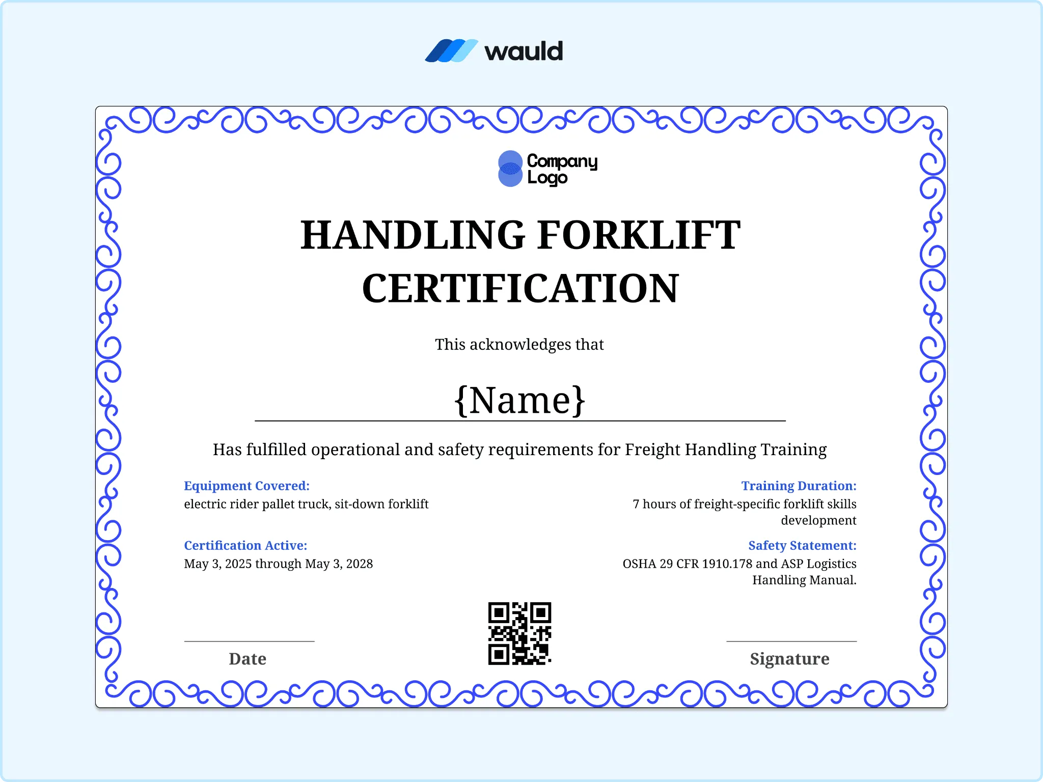 Handling forklift certification template with decorative ornamental border, recipient name field, specific equipment training, completion dates, QR code, and signature line