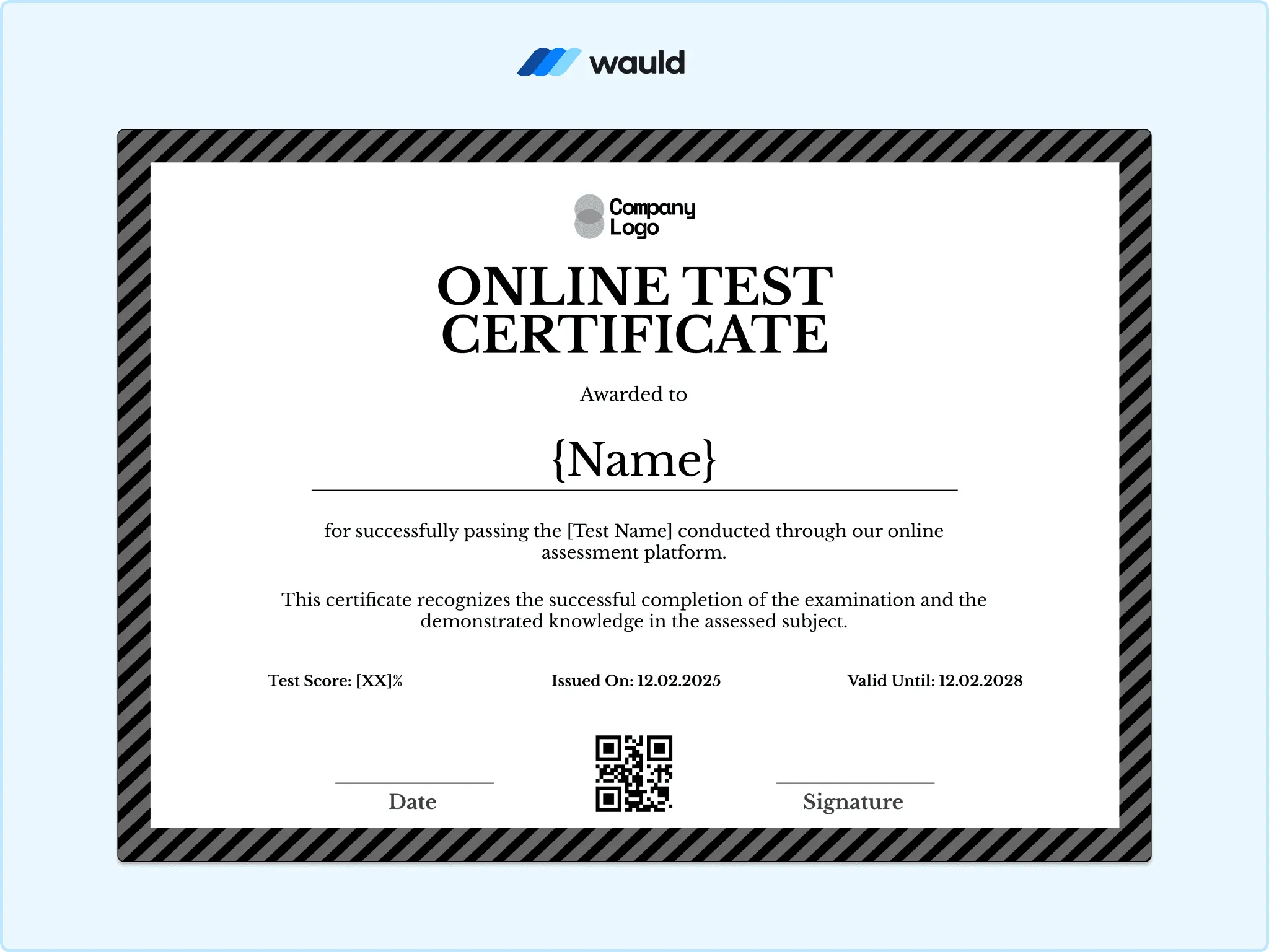Online test certificate template with black dashed minimal border