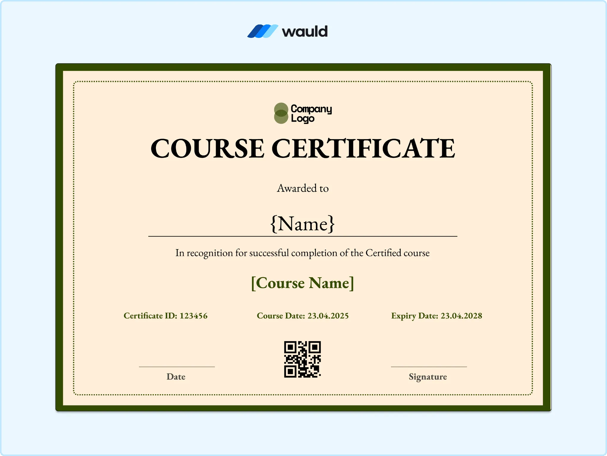 Tan course certificate template with thin olive gold border