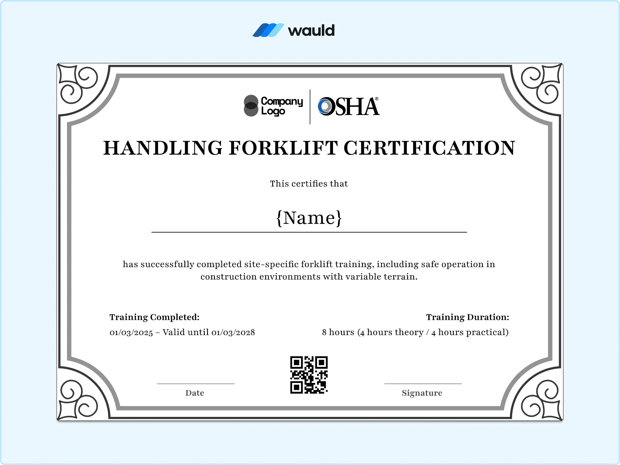 Handling forklift certification template with formal decorative border and squared corners, recipient name field, operator training requirements, certification dates, QR code, and signature line