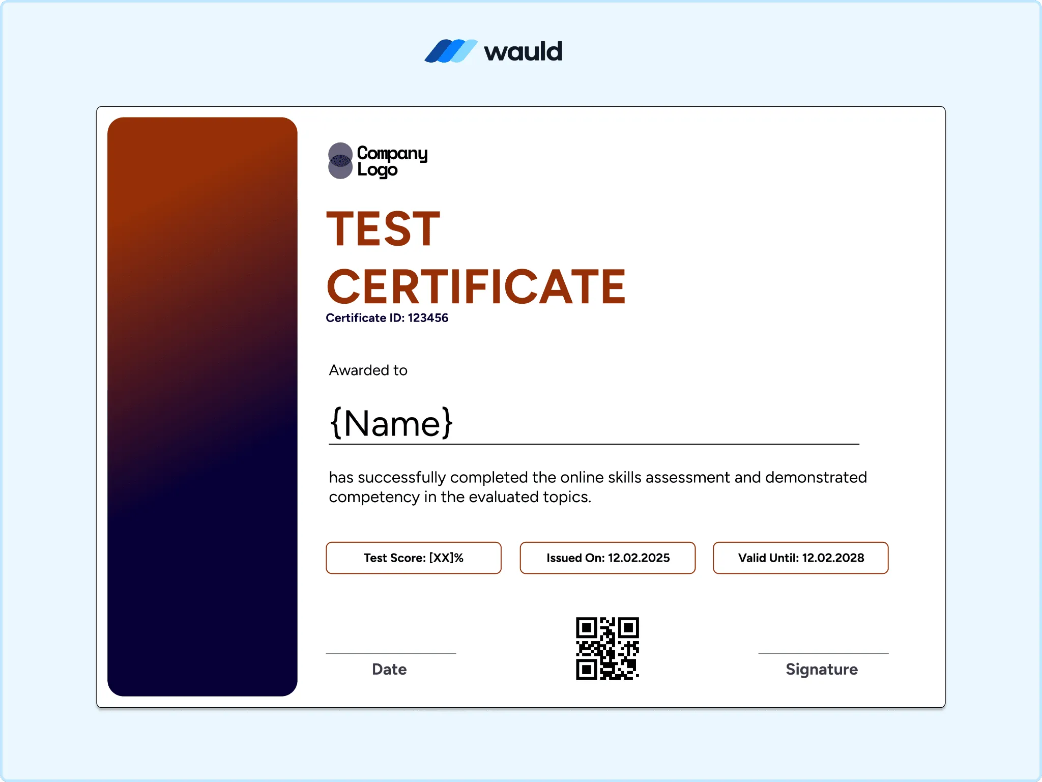 Test certificate template with navy-to-orange gradient bar