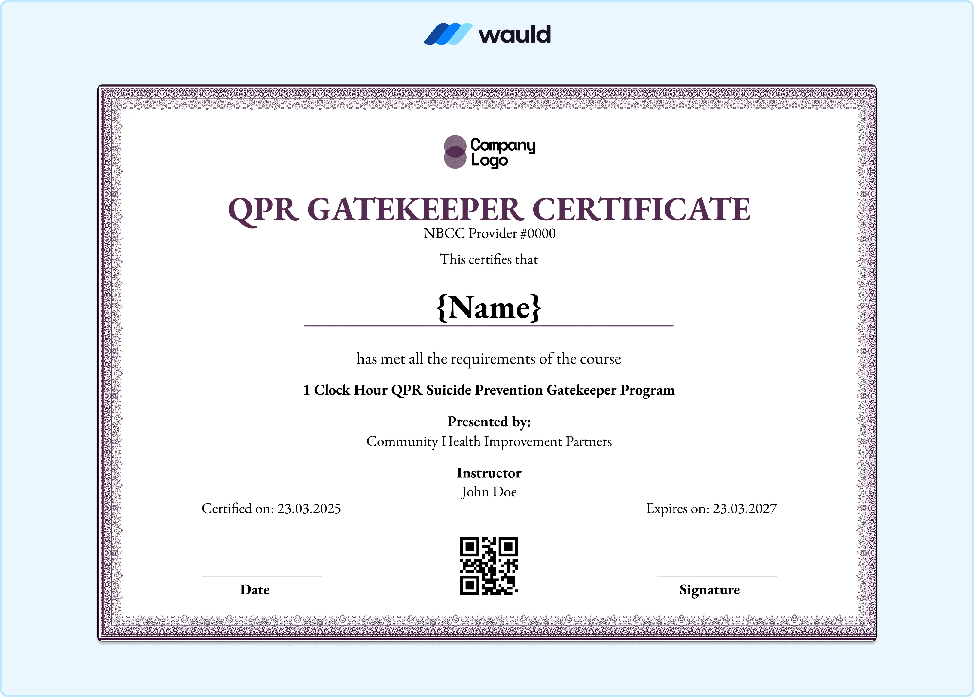 Soft purple and white QPR Gatekeeper Suicide Prevention certificate template with symmetrical layout, recipient name field, instructor details, certified date, expiry date, NBCC Provider number, QR code, and signature line