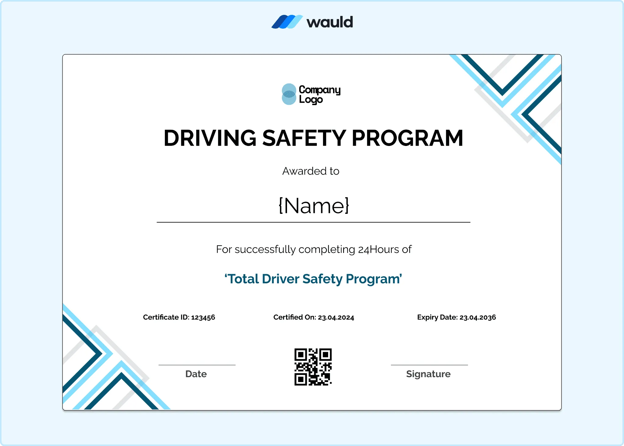 Driving safety program certificate with bold diagonal blue lines, dynamic geometric layout, recipient name field, course details, certification information, expiry date, and QR code