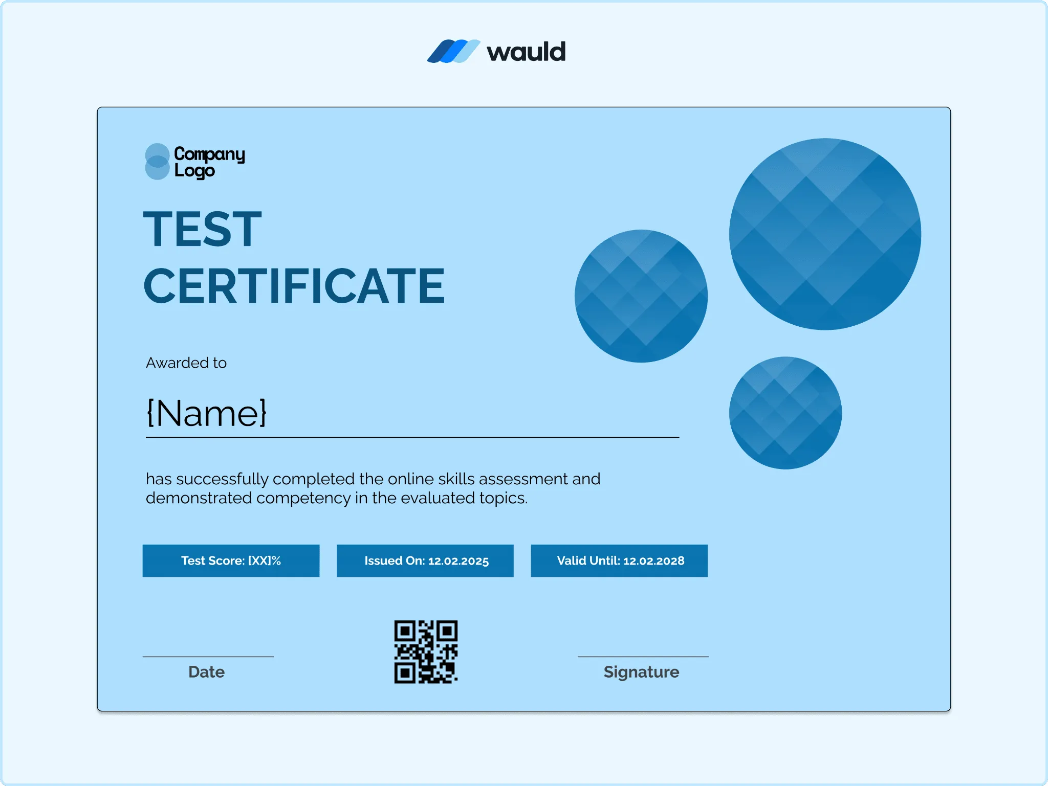 Test certificate template with pale blue circle pattern background