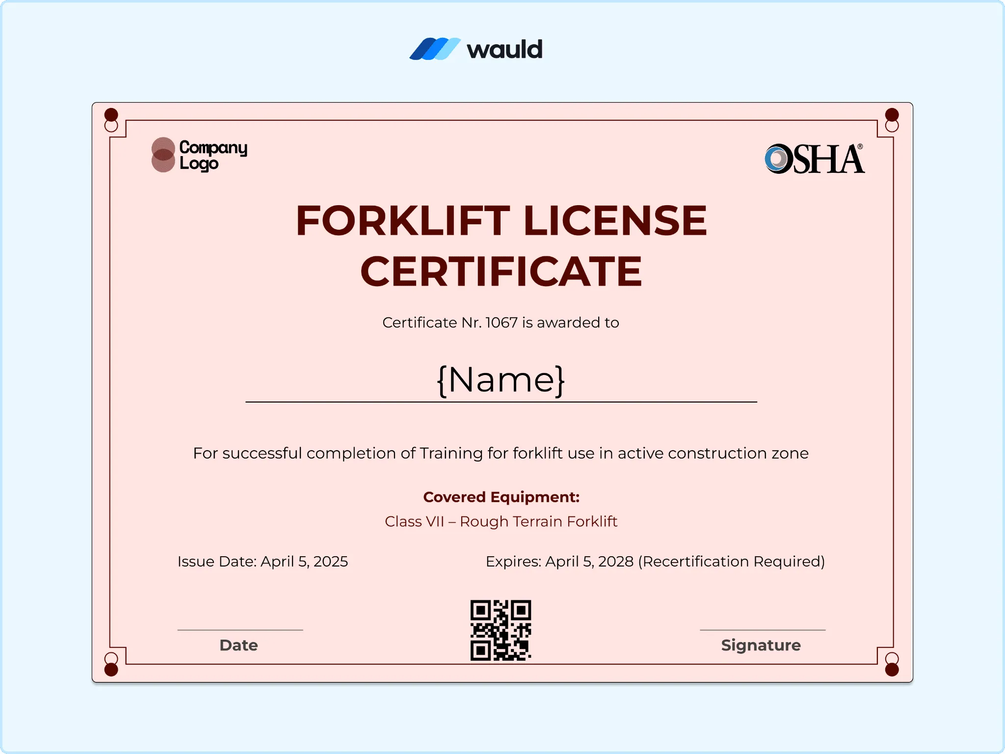 Soft peach background forklift license certificate template with recipient name field, covered equipment, certificate dates, QR code, and signature line