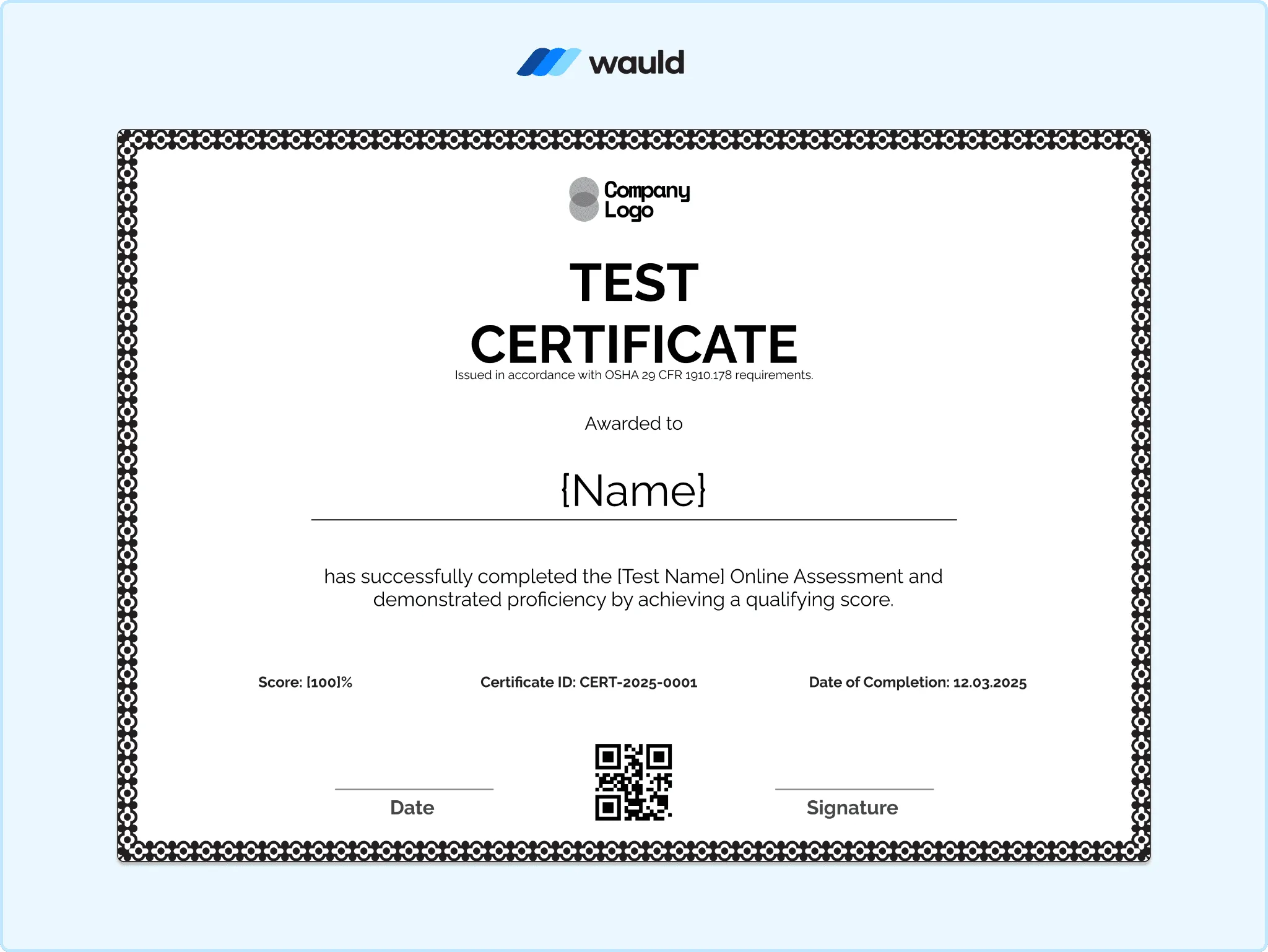 Test certificate template with black dotted minimal border