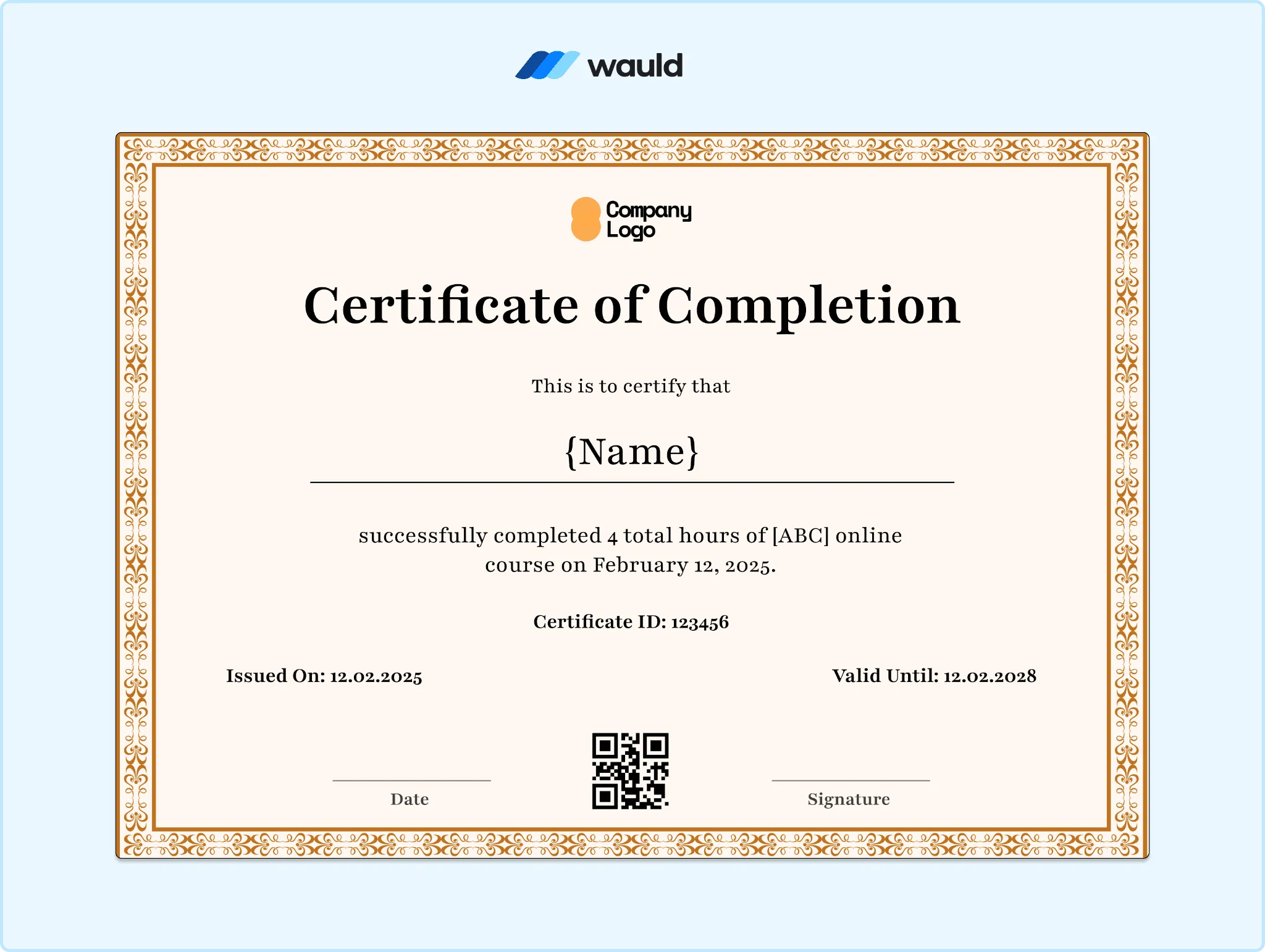 Cream certificate of completion template with tan dotted border
