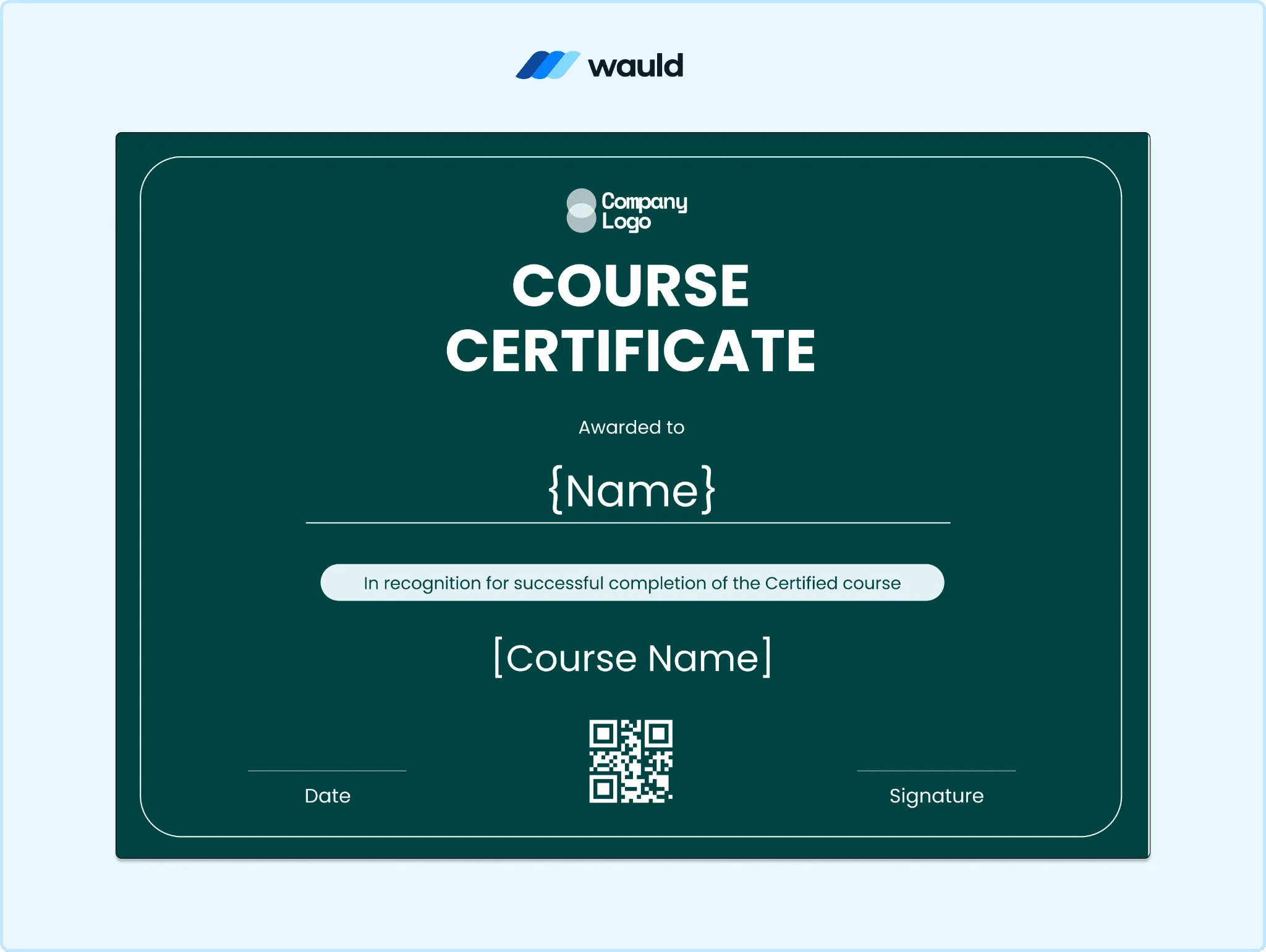 Dark teal course certificate template with minimal white typography