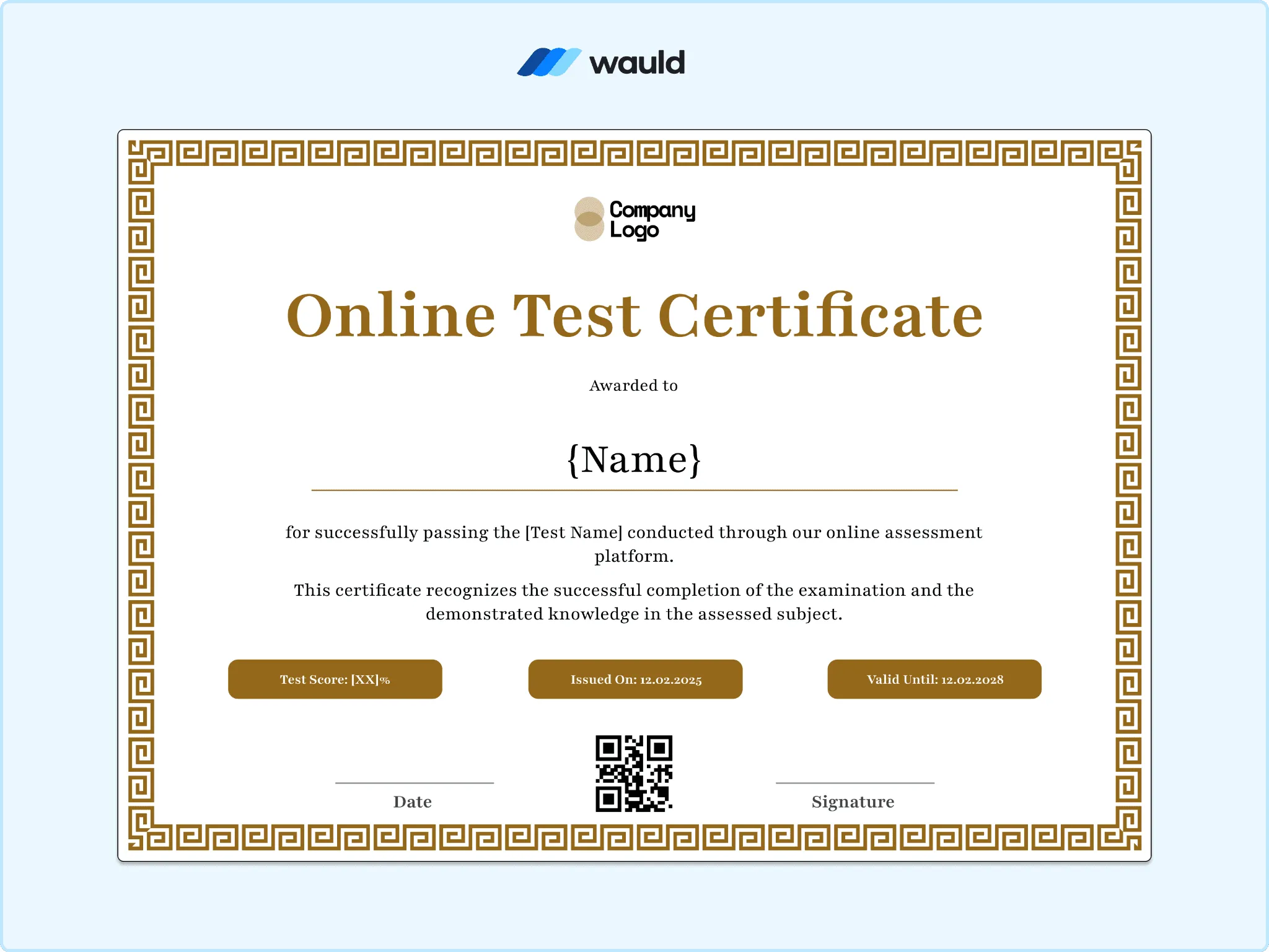 Online test certificate template with gold ornate border