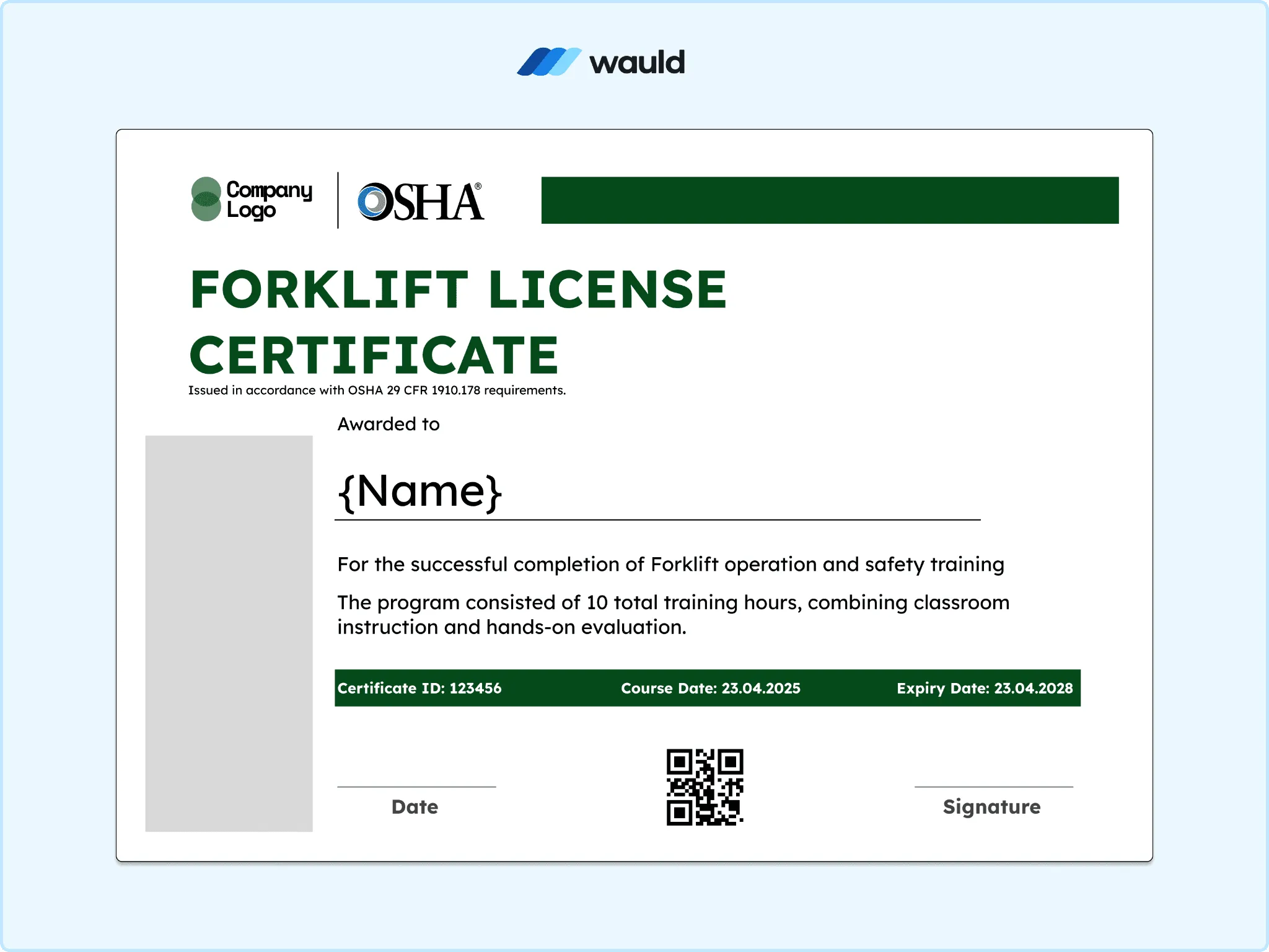 Forklift license certificate template with clean green header bar, recipient name field, training program information, certification dates, QR code, and signature line