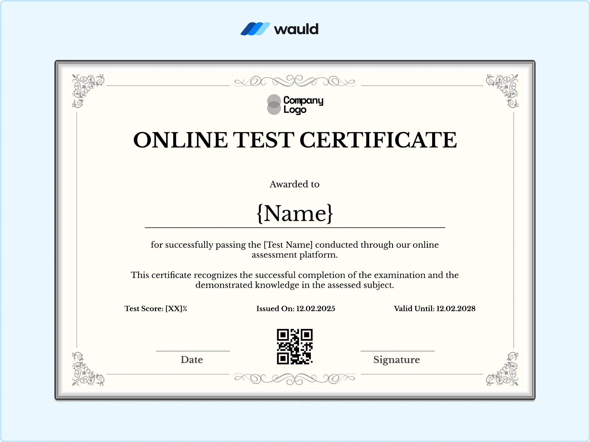 Online test certificate template with cream double-line border