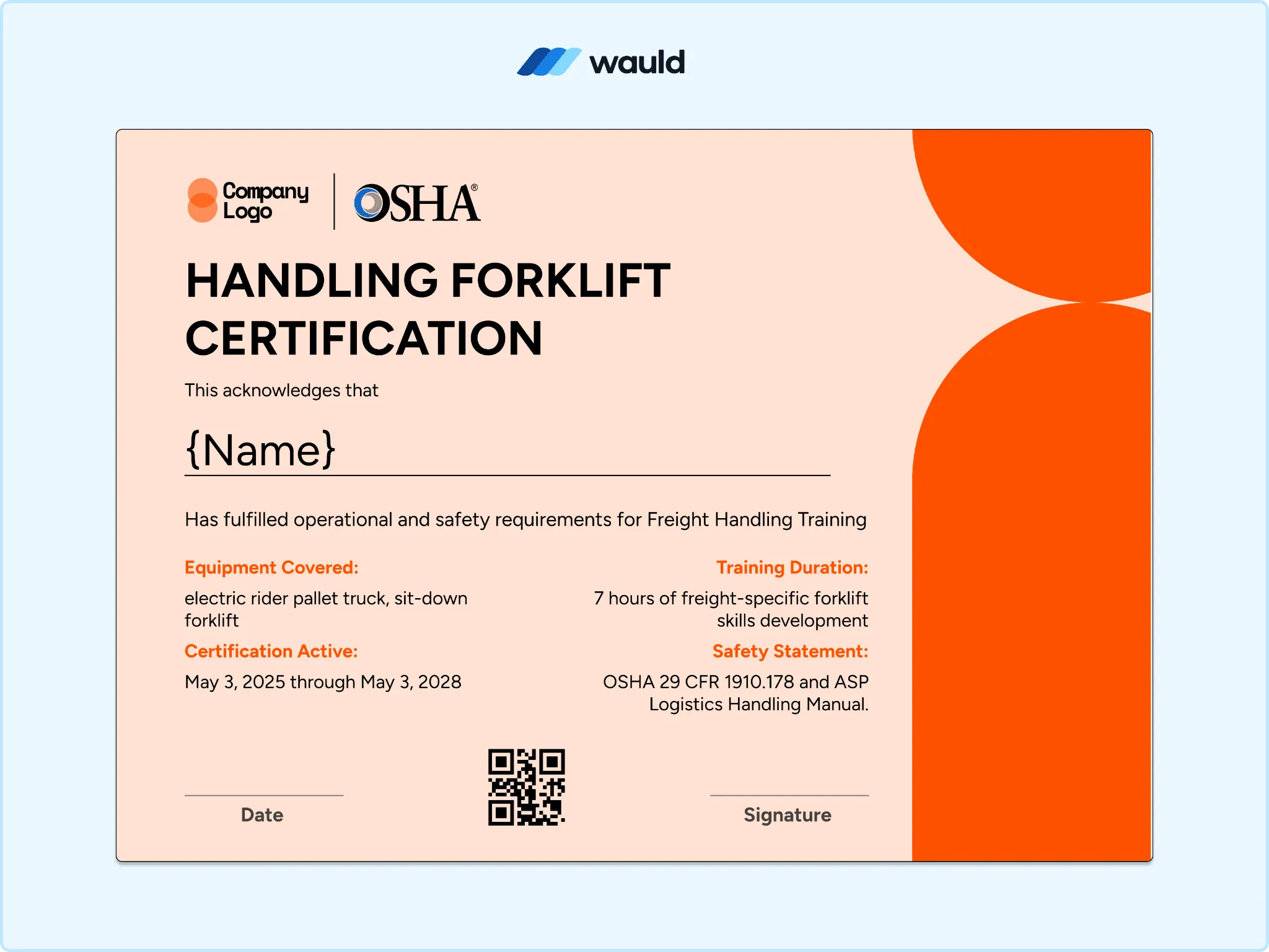 Handling forklift certification template with orange gradient circular pattern, recipient name field, training duration, equipment details, certification dates, QR code, and signature line