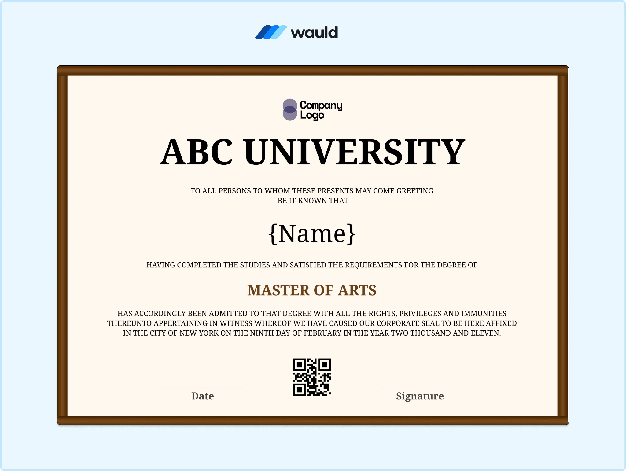 ABC University certificate template with rustic brown border