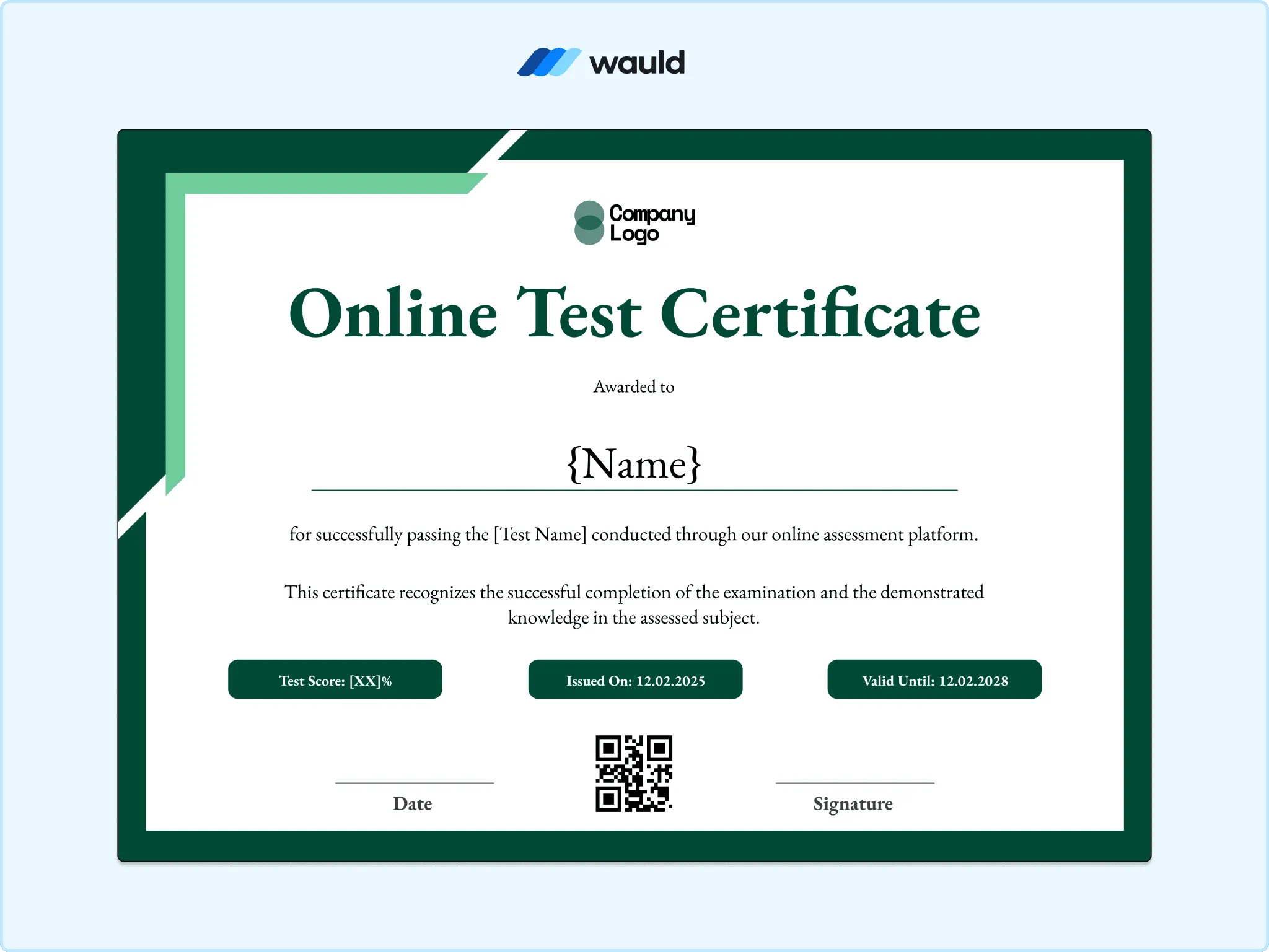 Online test certificate template with green folded corner detail
