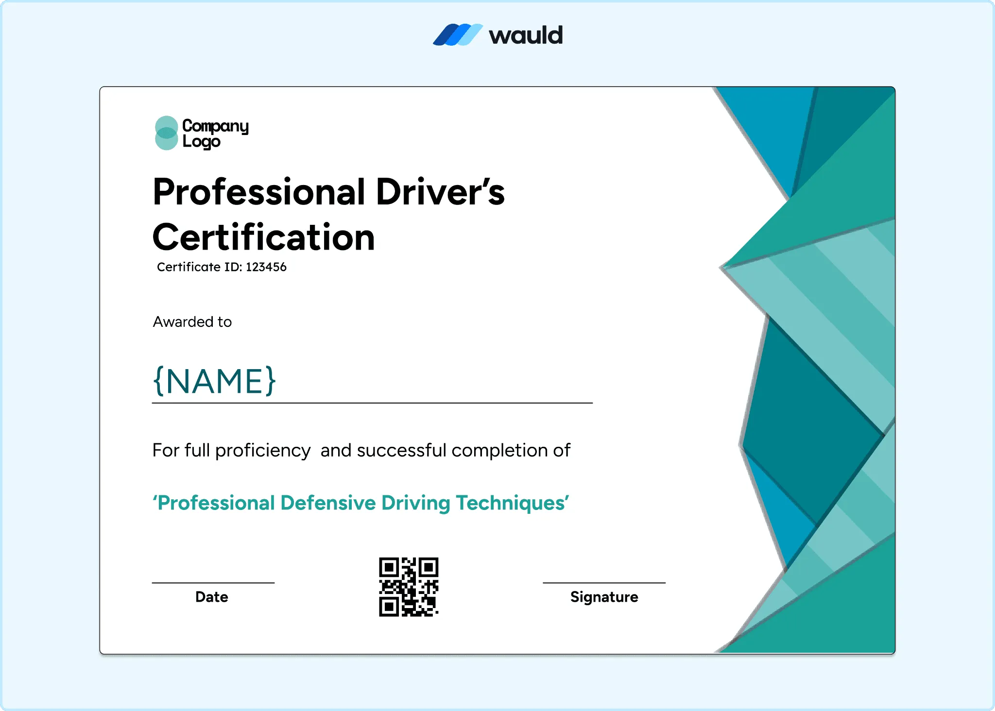 Professional driver's certification template with layered geometric shapes, cool blue palette, recipient name field, certificate ID, course dates, expiry date, and QR code
