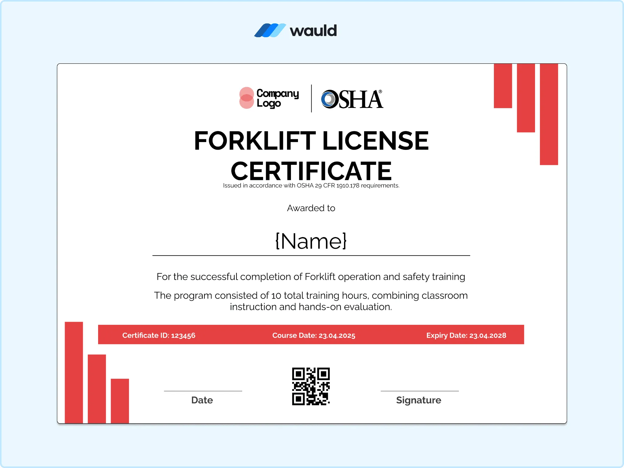 Forklift license certificate template with bold red geometric shapes, recipient name field, training details, certificate ID, QR code, and signature line