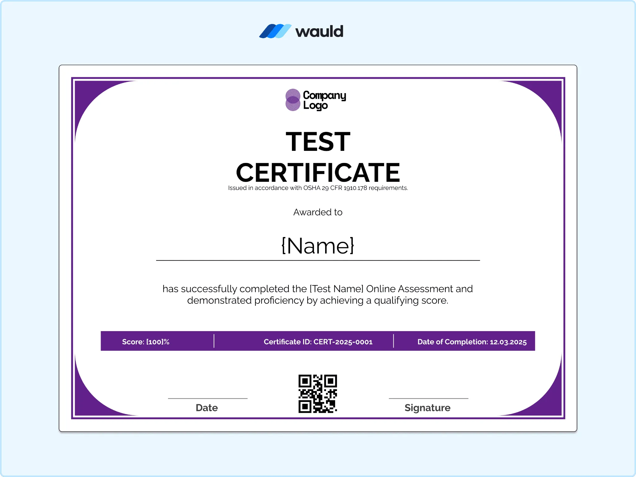 Minimal white test certificate template with slim purple border