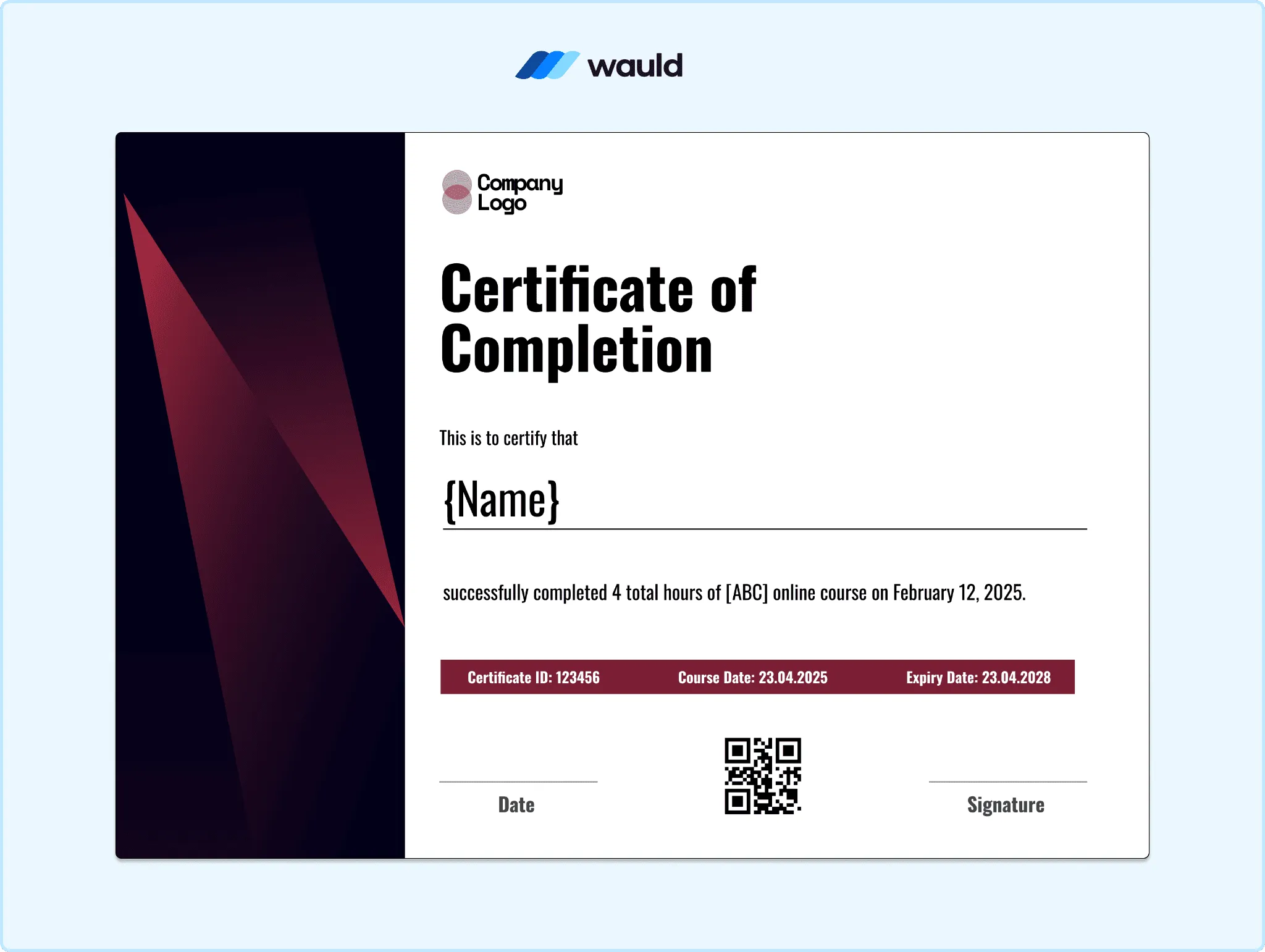 Dark certificate of completion template with maroon geometric graphic