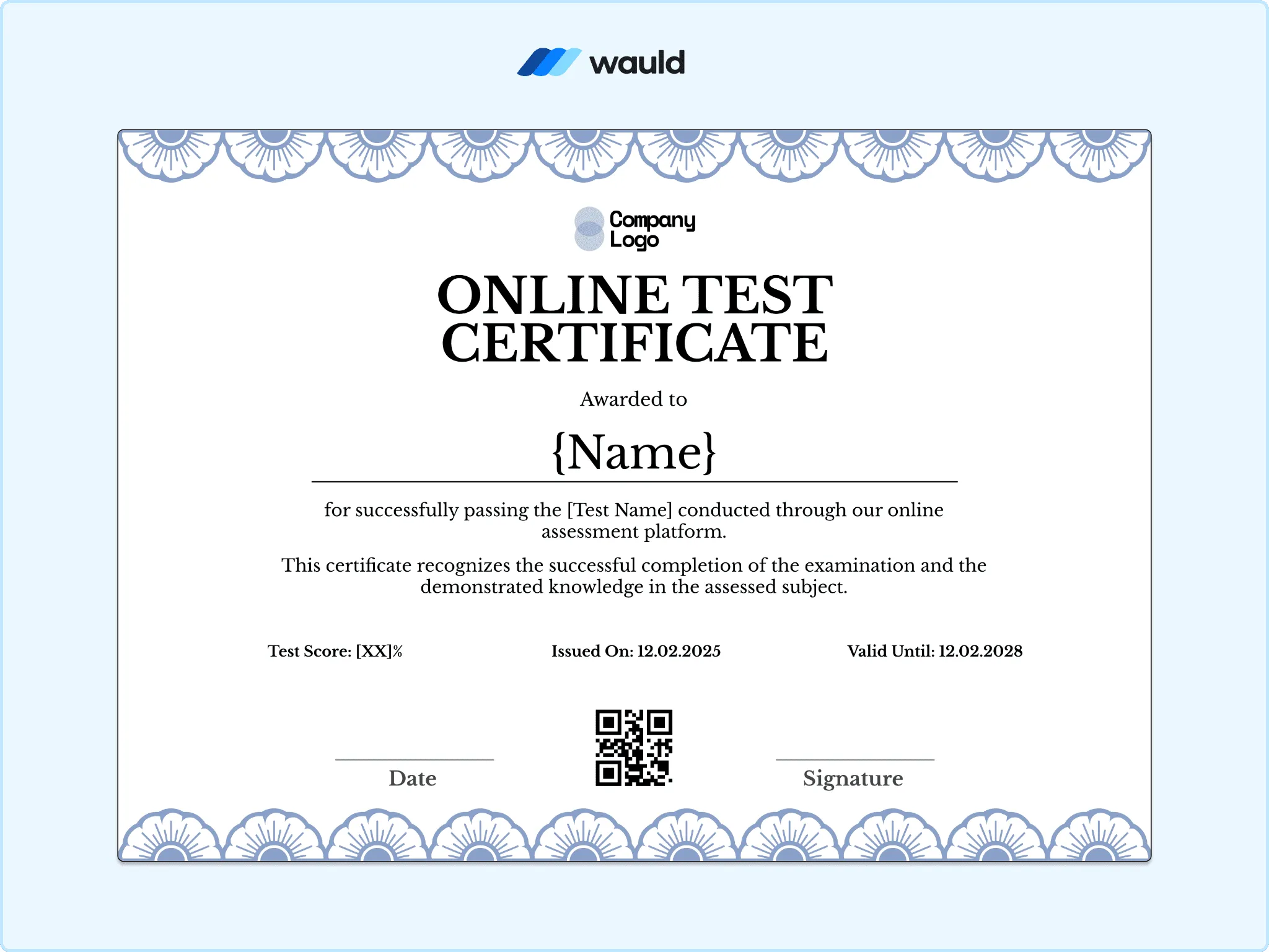 Online test certificate template with elegant navy floral border