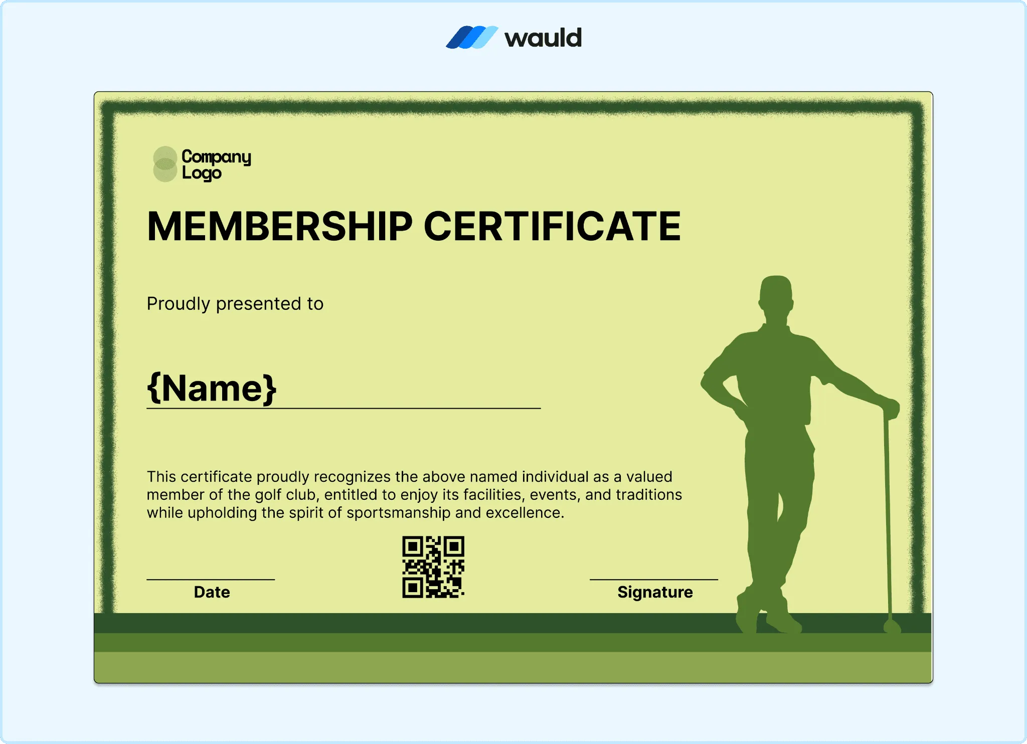 Olive green golf membership certificate template with athlete silhouette illustration, member name field, date, QR code, and signature line