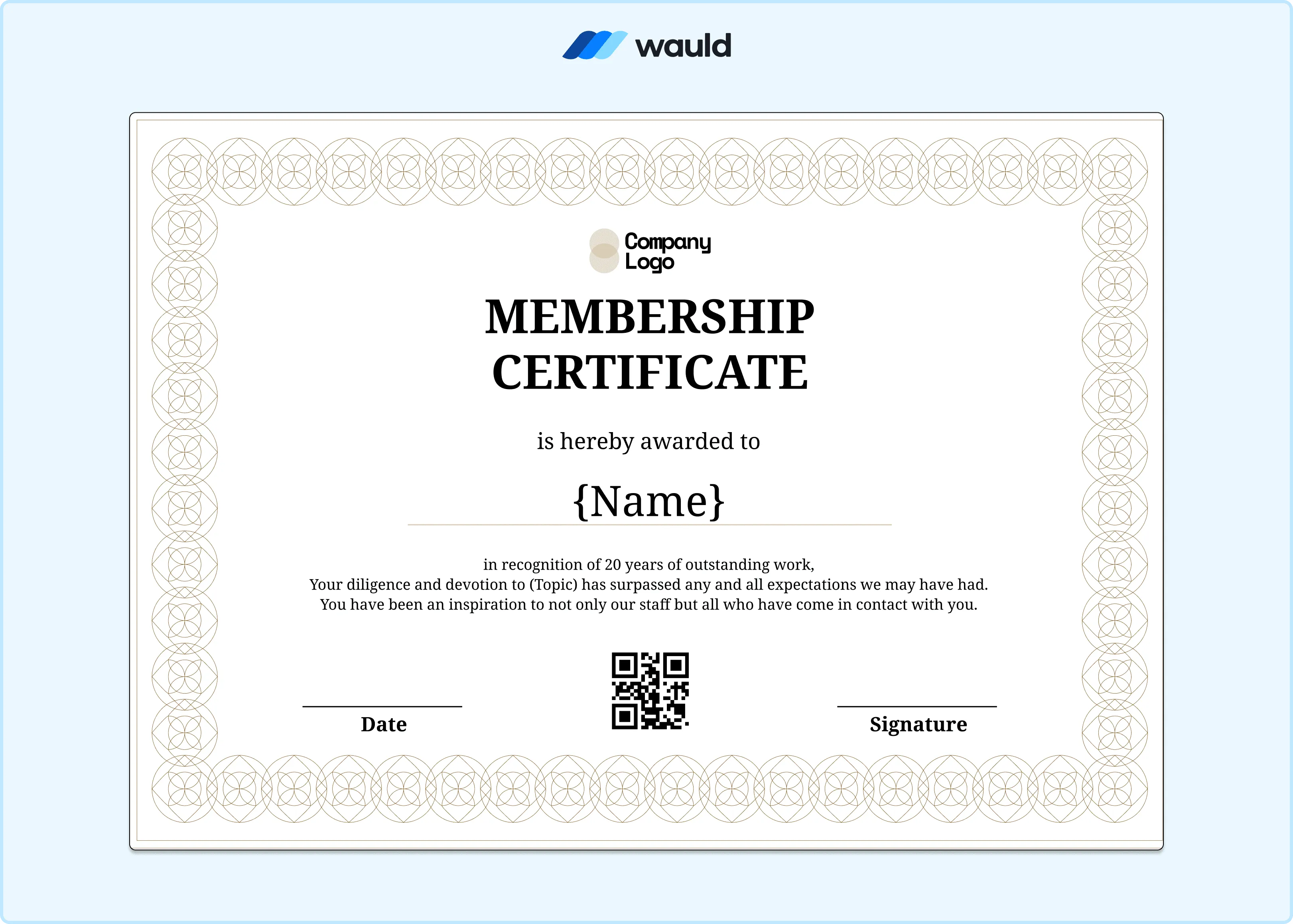 Classic white membership certificate template with symmetrical decorative border, member name field, recognition details, date, QR code, and signature line