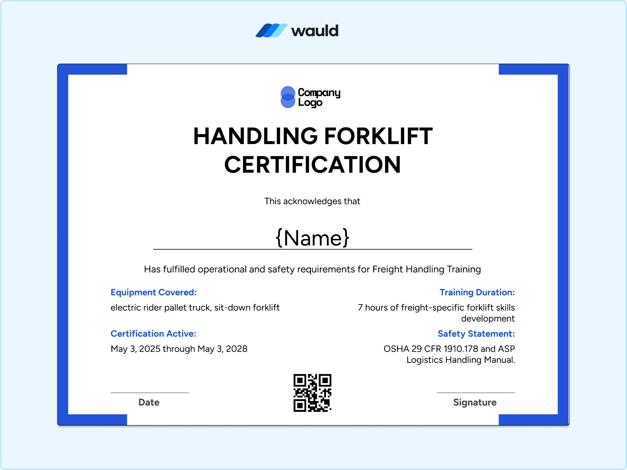 Blue bordered handling forklift certification template with recipient name field, equipment covered, training duration, certification dates, QR code, and signature line