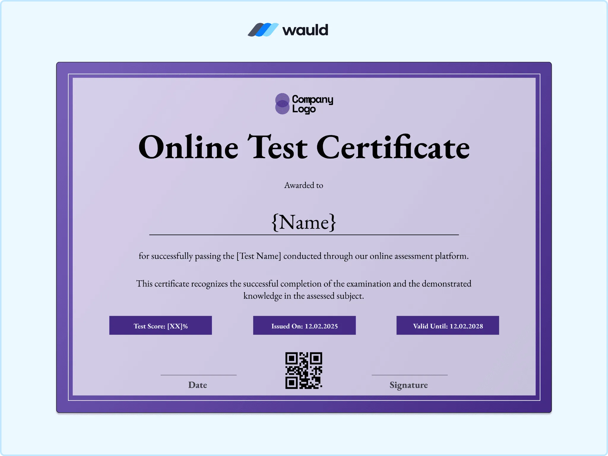 Lavender online test certificate template with script-style heading