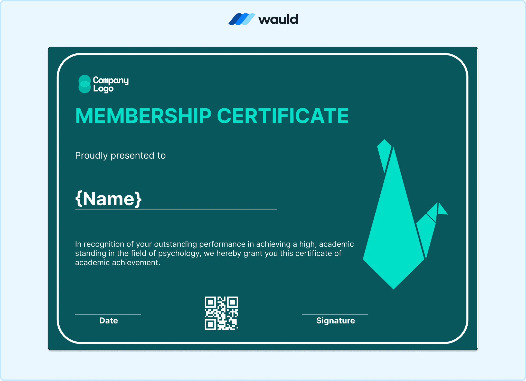 Teal membership certificate template with bird illustration accent, member name field, achievement description, date, QR code, and signature line