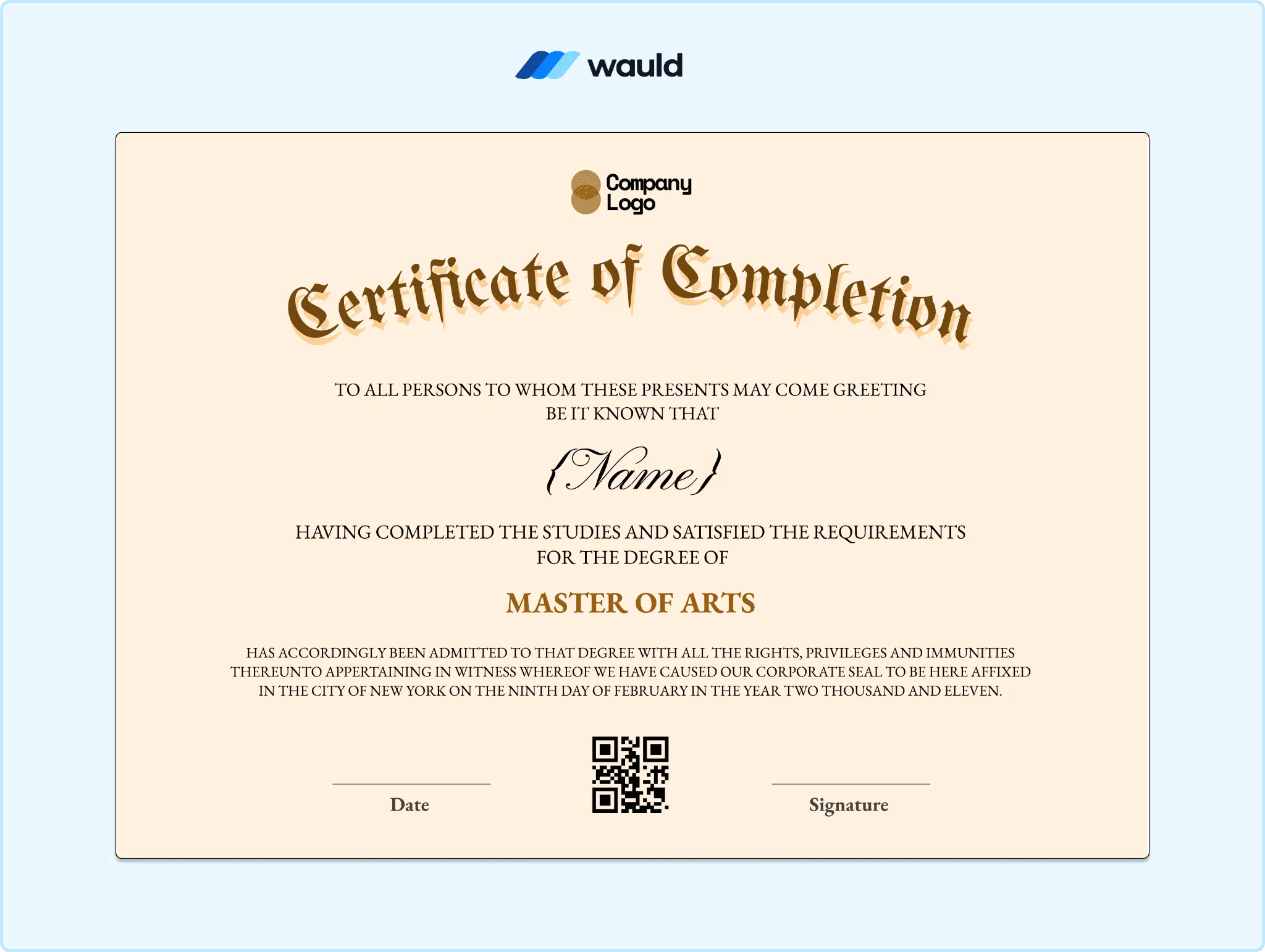Tan elegant script certificate of completion template with serif body
