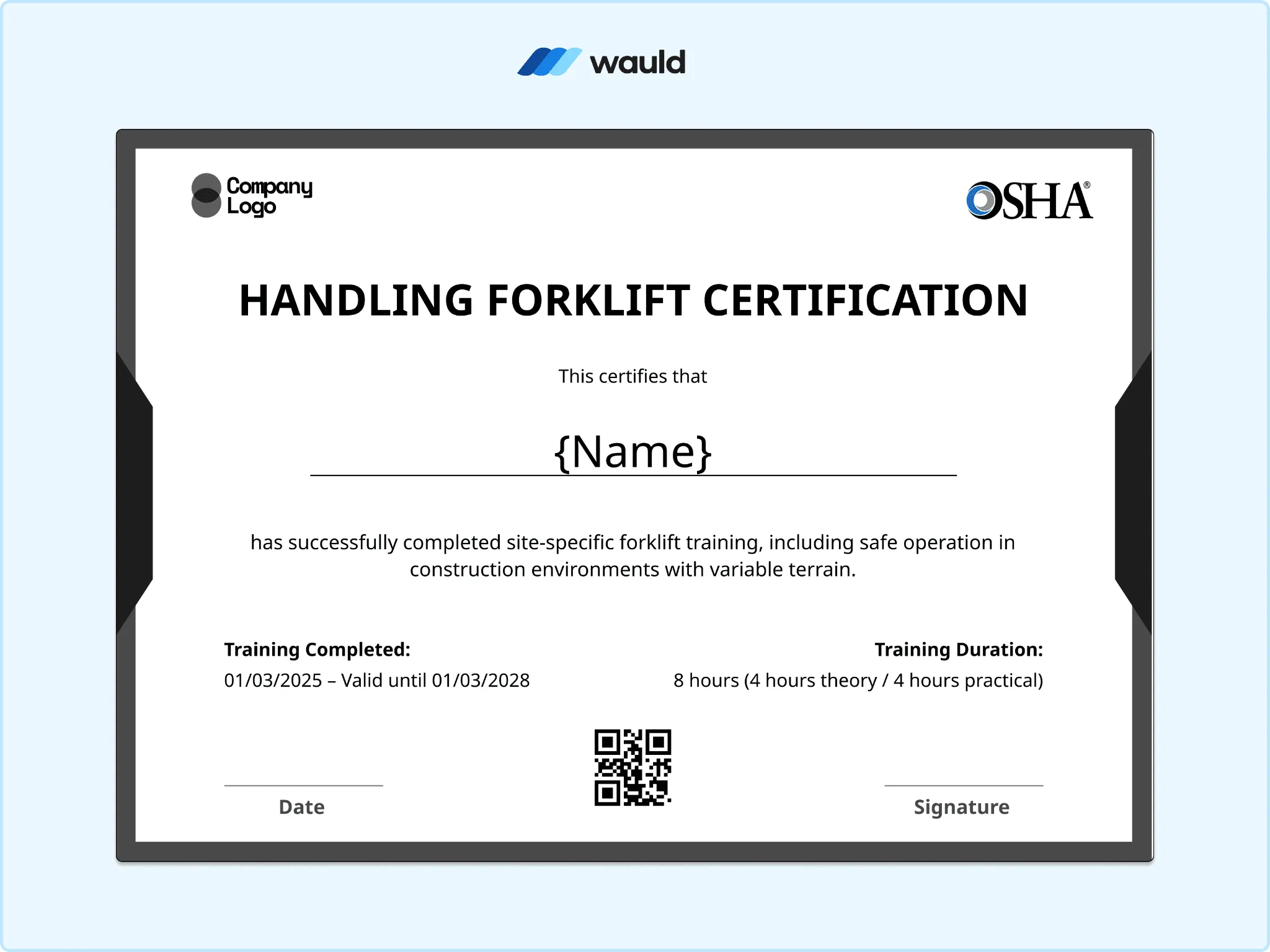 Black and white handling forklift certification template with bold typography, recipient name field