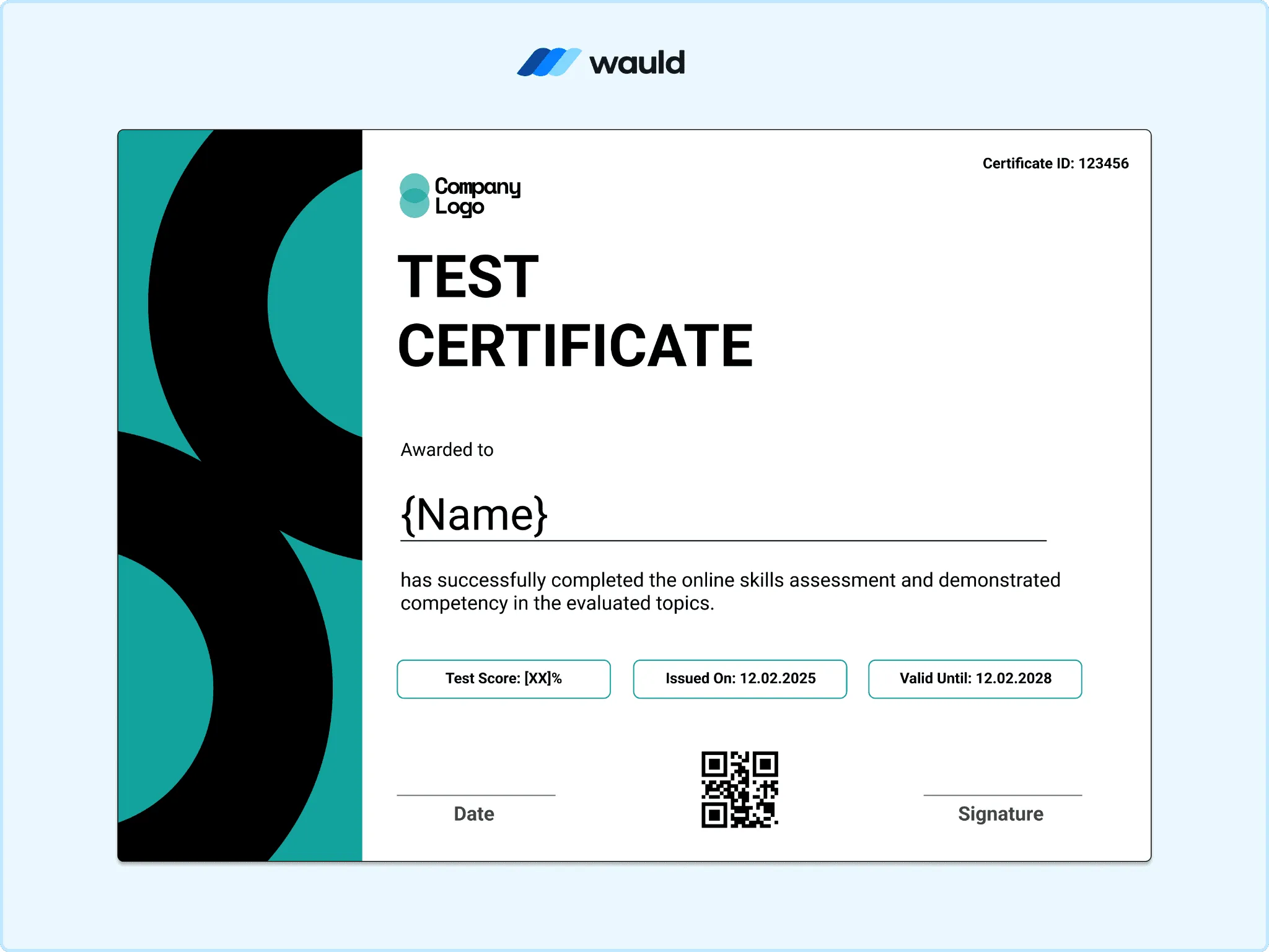 Teal test certificate template with bold circular accents