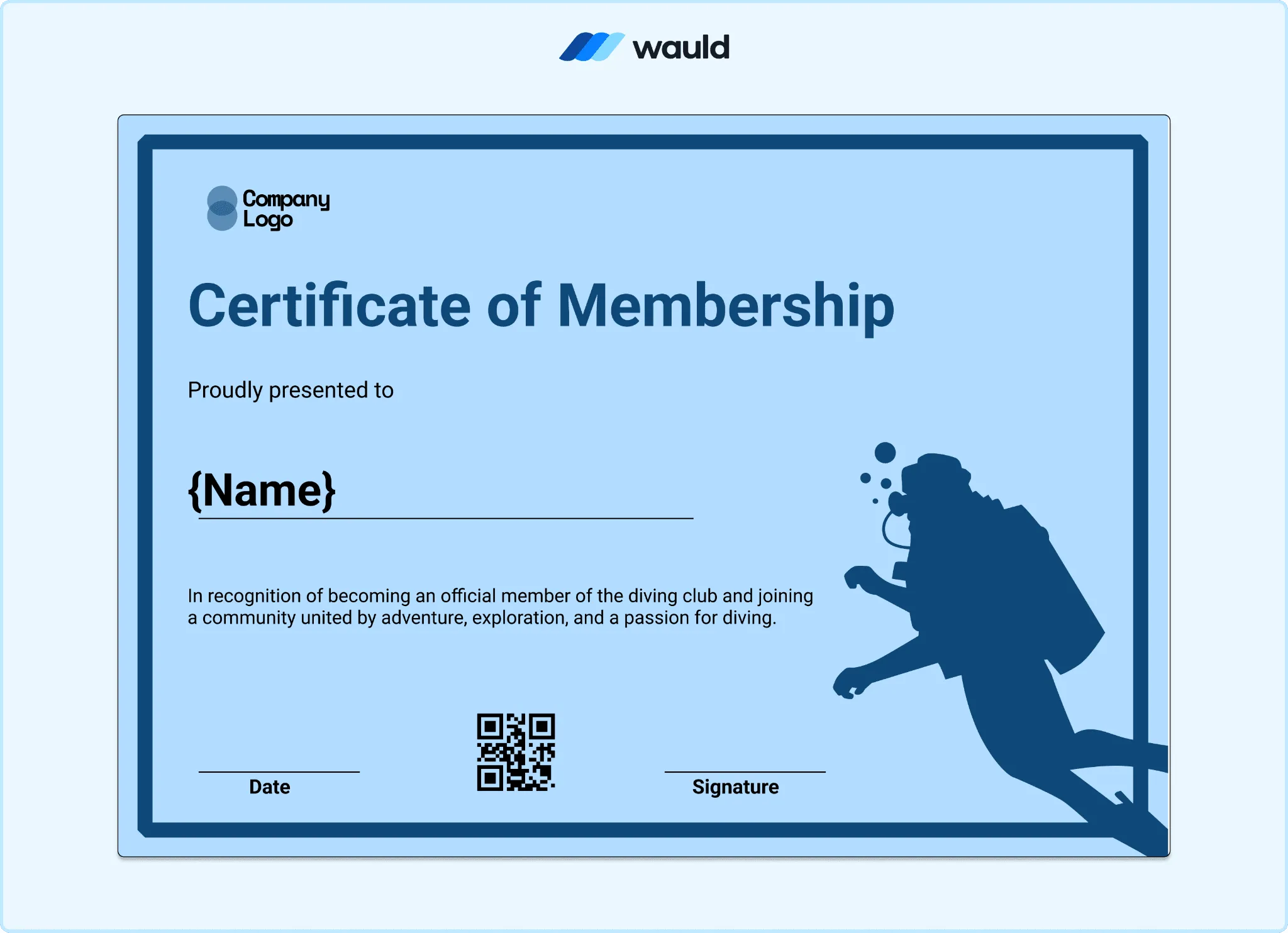 Soft blue certificate of membership template with diver illustration, member name field, QR code, and signature line